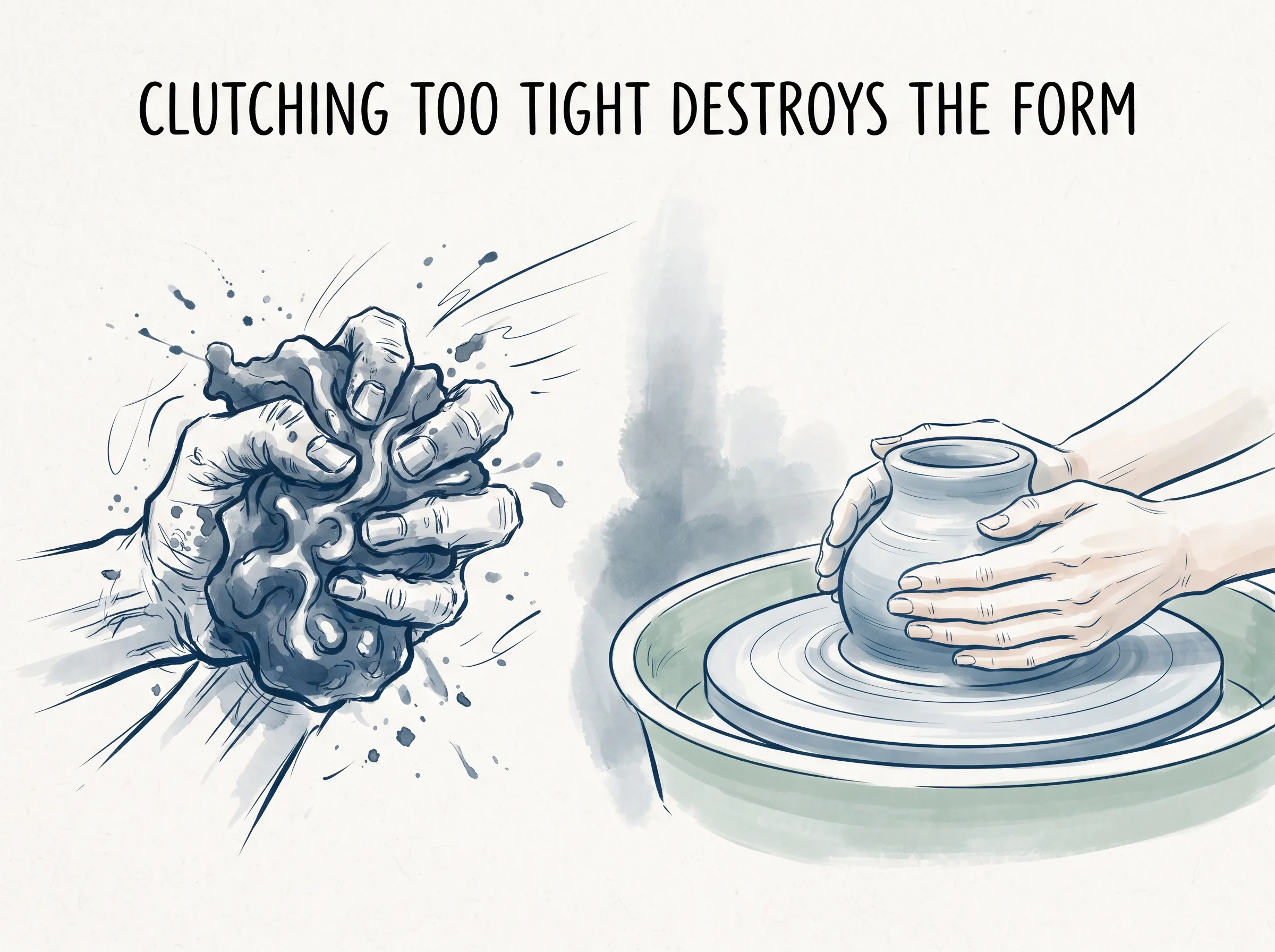 CLUTCHING TOO TIGHT DESTROYS THE FORM in contemporary literati Chinese ink cartoon style with Prussian blue ink wash, sage green accents, and Xuan paper negative space, illustrating 强力捏塑的土偶之碎：控制狂试图用蛮力把柔软湿润的黏土捏成完美雕像，由于手指抓握过紧，黏土反而顺着指缝溢出、崩塌碎裂, embodying 在 '## Why We Think We Can Shape Everything' 核心论述段落后 on ChiDestiny