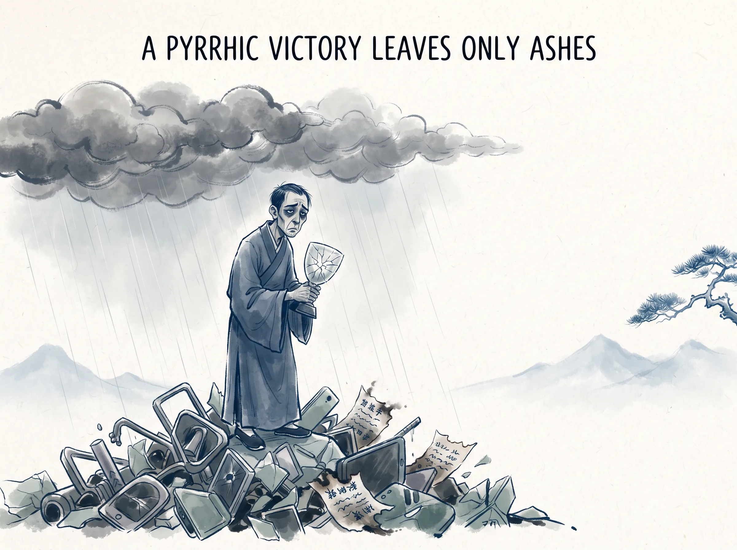 A PYRRHIC VICTORY LEAVES ONLY ASHES in contemporary literati Chinese ink cartoon style with Prussian blue ink wash, sage green accents, and Xuan paper negative space, illustrating 赢了战役输了战局的惨胜：商业巨头虽然击垮了所有竞争对手霸占市场，但自身资金链断裂、员工精疲力竭，站在废墟顶端茫然失措, embodying 在 '## The Modern Paradox: Why Winners Keep Losing' 核心论述段落后 on ChiDestiny