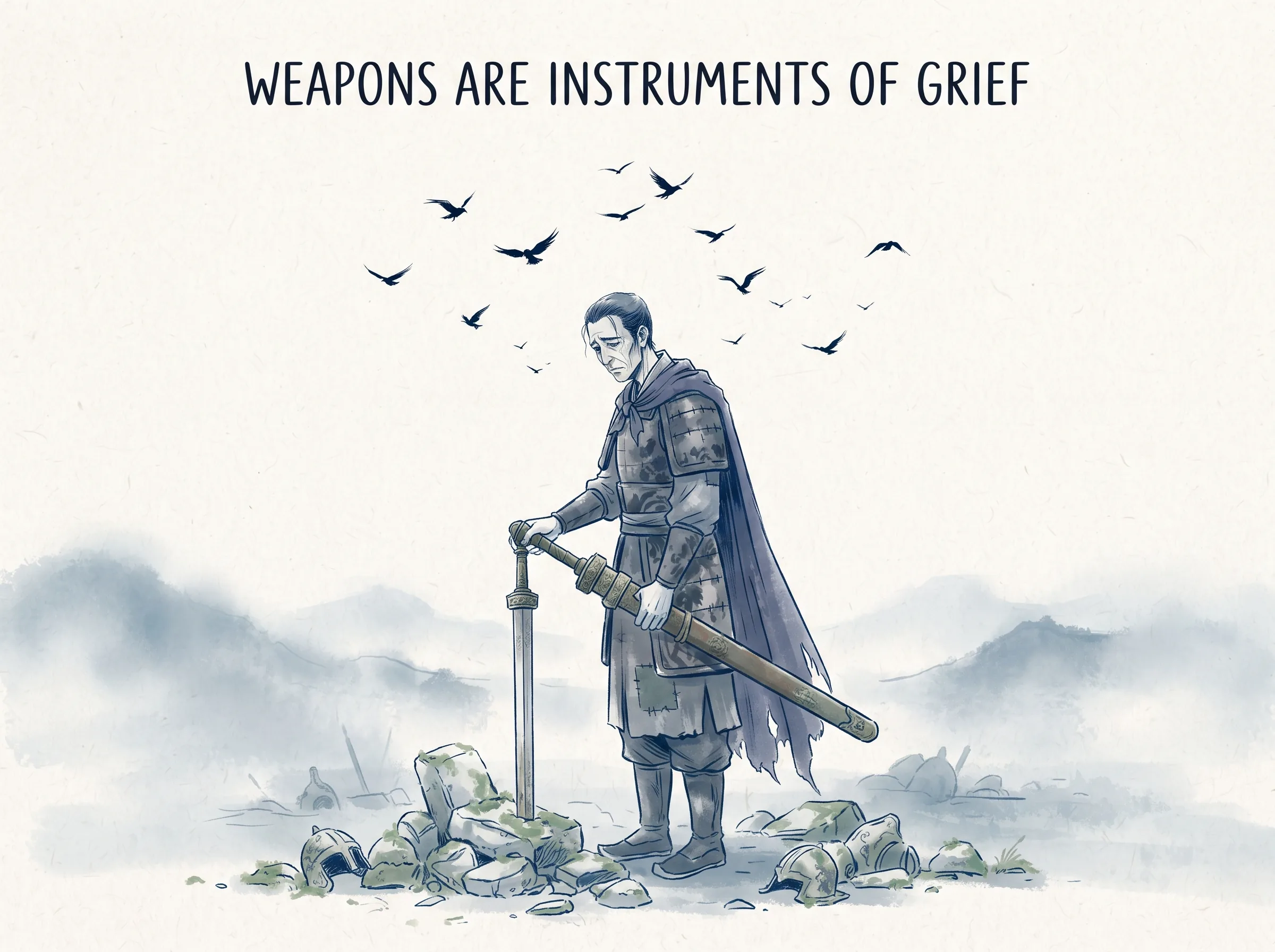 THE GREATEST SWORD NEVER DRAWS BLOOD in contemporary literati Chinese ink cartoon style with Prussian blue ink wash, sage green accents, and Xuan paper negative space, illustrating 天子之剑诸侯之剑庶人之剑：庄子为赵王说剑，庶人之剑蓬头突鬓斗杀于市井，而天子之剑以燕溪为锋、以齐岱为锷，包以四夷，裹以四时，制以五行，天下皆服, embodying 在 '## The Three Swords' 核心论述段落后 on ChiDestiny
