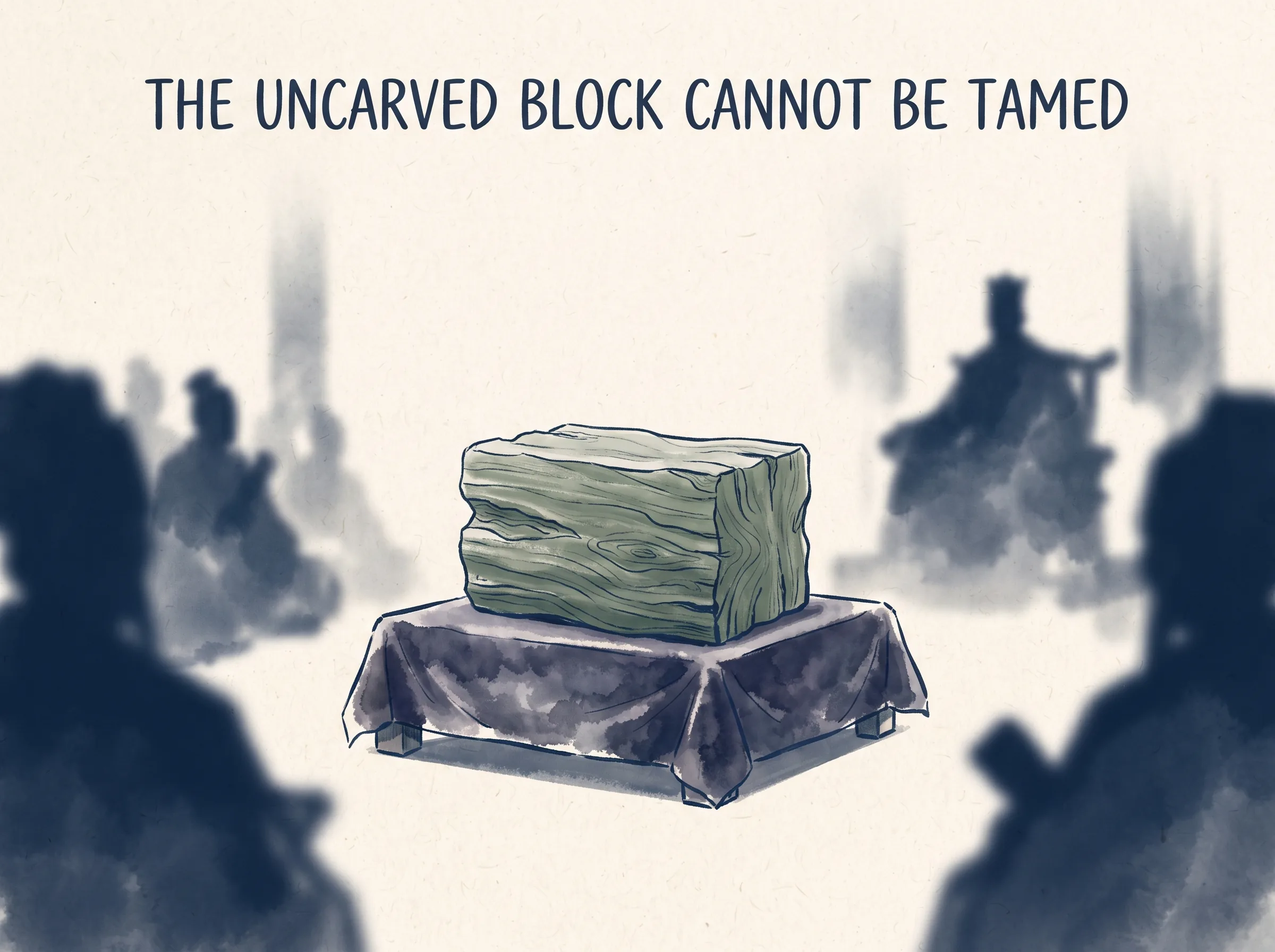 THE UNCARVED BLOCK CANNOT BE TAMED in contemporary literati Chinese ink cartoon style with Prussian blue ink wash, sage green accents, and Xuan paper negative space, illustrating 朴虽小天下莫能臣：一块看似不起眼的质朴无名原木，虽然体量微小未雕成任何器具，然而其天然浑沦的生机，天下没有任何权贵能够降服它, embodying 在 '## The World Before the Name' 核心论述段落后 on ChiDestiny