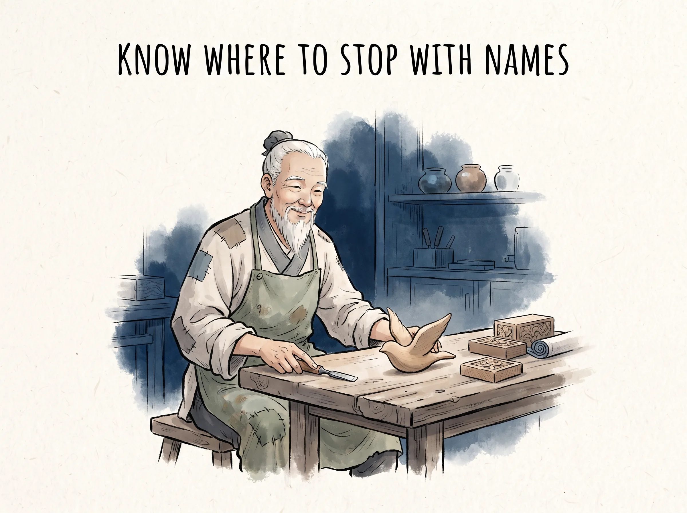 KNOW WHERE TO STOP WITH NAMES in contemporary literati Chinese ink cartoon style with Prussian blue ink wash, sage green accents, and Xuan paper negative space, illustrating 始制有名名亦既有夫亦将知止知止所以不殆：当社会开始制定各种名词头衔时，智者便懂得适可而止，不被无穷无尽的评价体系拖垮, embodying 在 '## Where to Go From Here' 核心论述段落后 on ChiDestiny
