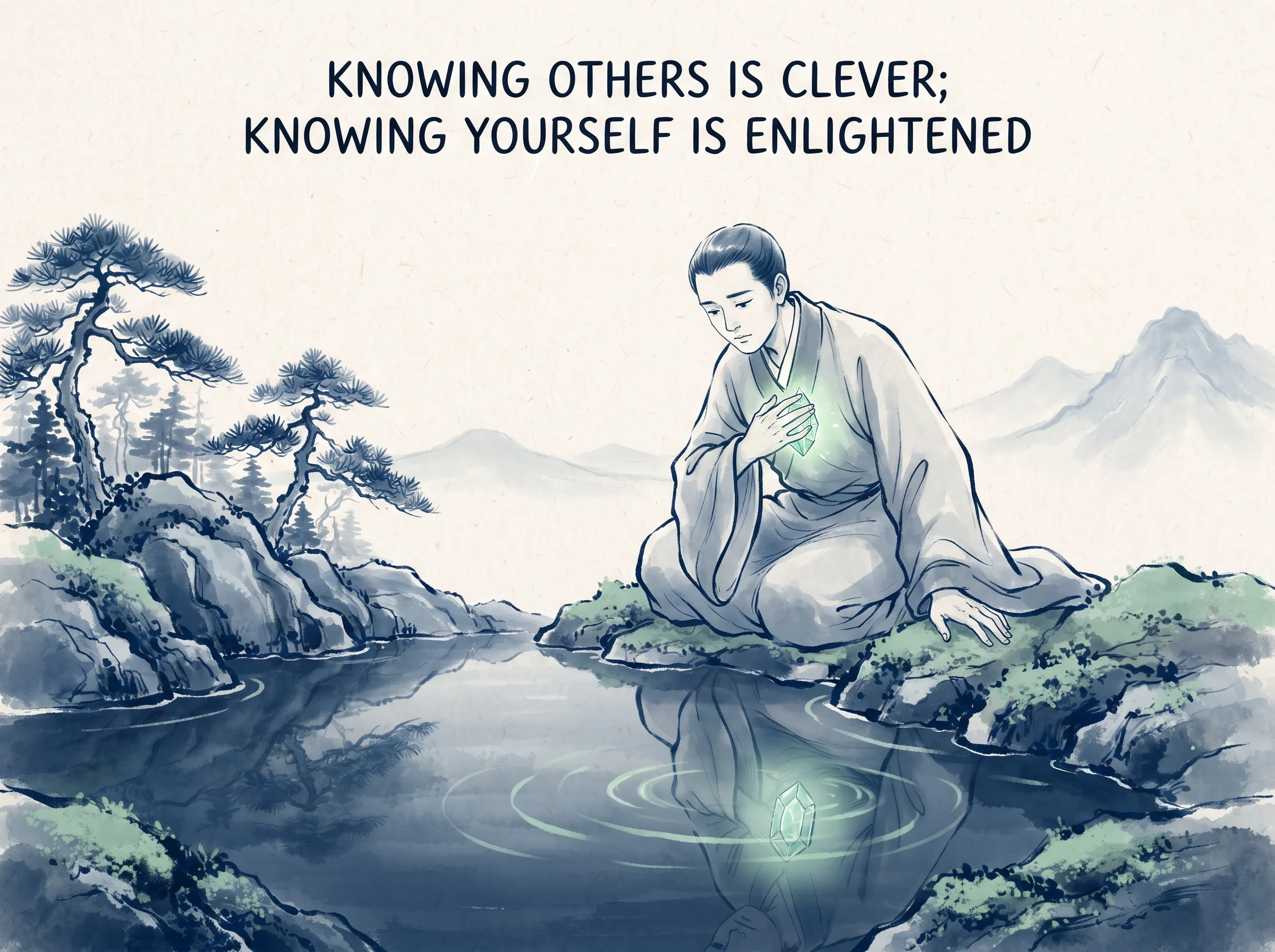 KNOWING OTHERS IS CLEVER; KNOWING YOURSELF IS ENLIGHTENED in contemporary literati Chinese ink cartoon style with Prussian blue ink wash, sage green accents, and Xuan paper negative space, illustrating 知人者智自知者明:能看清别人弱点的人不过是有心计聪明,能照见自己内心贪嗔痴与盲区的人才是真正的明达觉者, embodying 在 '## Knowing Others Is Wisdom. Knowing Yourself Is Clarity.' 核心论述段落后 on ChiDestiny