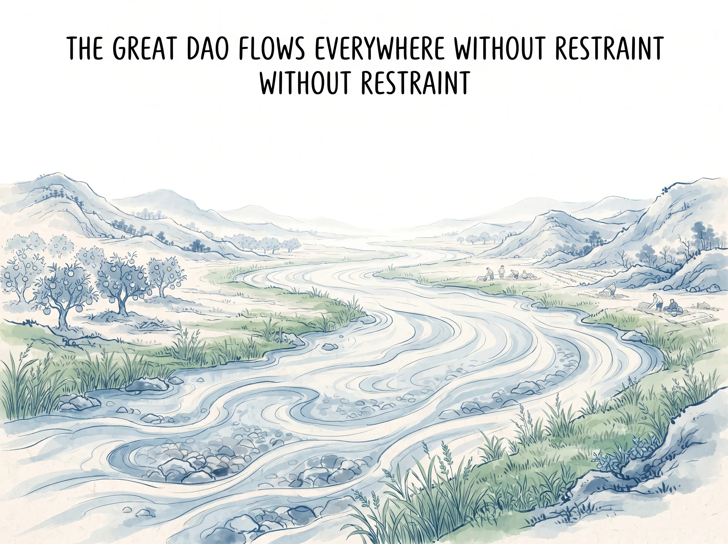 THE GREAT DAO FLOWS EVERYWHERE WITHOUT RESTRAINT in contemporary literati Chinese ink cartoon style with Prussian blue ink wash, sage green accents, and Xuan paper negative space, illustrating 大道氾兮其可左右：浩荡的大道如漫山遍野流淌的春水，既可以流向东方也可以流向西方，滋润万物而从不向万物索取回报, embodying 在 '## Laozi's Redefinition of Greatness' 核心论述段落后 on ChiDestiny