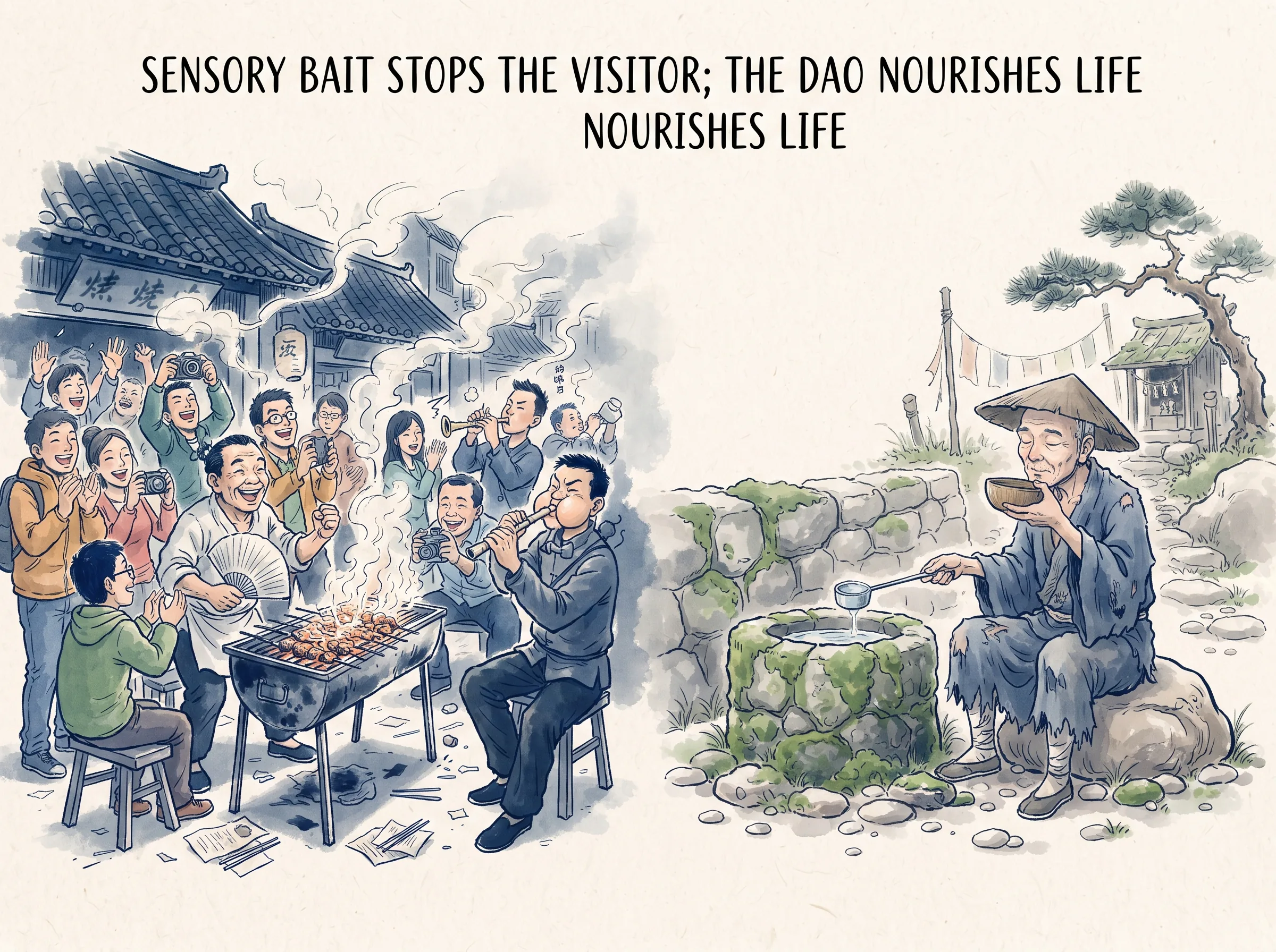 SENSORY BAIT STOPS THE VISITOR; THE DAO NOURISHES LIFE in contemporary literati Chinese ink cartoon style with Prussian blue ink wash, sage green accents, and Xuan paper negative space, illustrating 乐与饵过客止道之出口淡乎其无味：路旁酒肆的烤肉香气与歌舞音乐能吸引过客短暂停留，然而真正能安抚灵魂、伴随一生的却是那一碗淡而无味的白开水, embodying 在 '## What Makes You Stop vs. What Makes You Stay' 核心论述段落后 on ChiDestiny