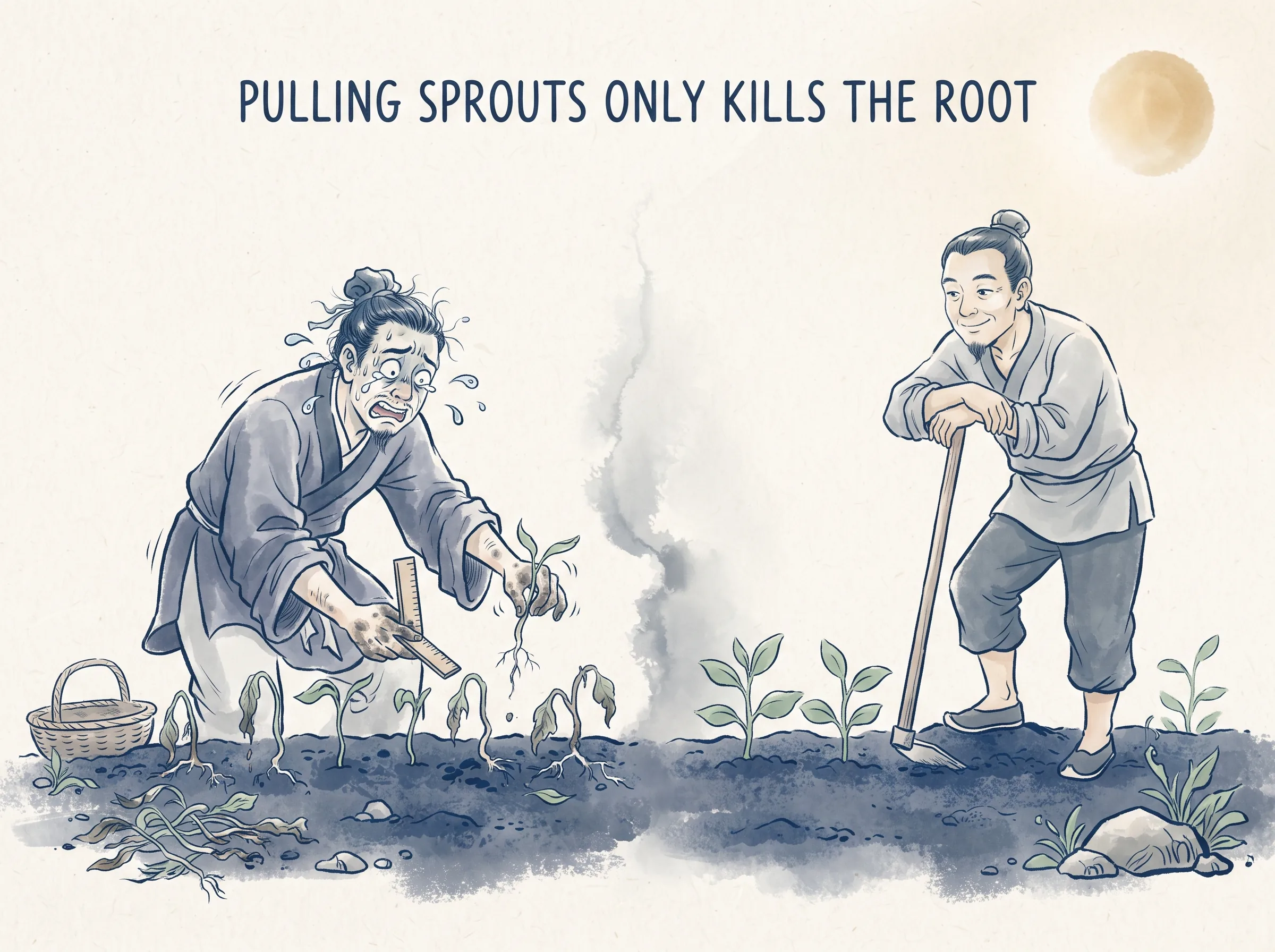 PULLING SPROUTS ONLY KILLS THE ROOT in contemporary literati Chinese ink cartoon style with Prussian blue ink wash, sage green accents, and Xuan paper negative space, illustrating 过度干预的焦躁园丁：园丁一天之内把刚发芽的小麦幼苗拔起来查看三次根系，折腾得幼苗蔫黄枯萎，美其名曰'精细管理', embodying 在 '## What Laozi Actually Means by Non-Action' 核心论述段落后 on ChiDestiny