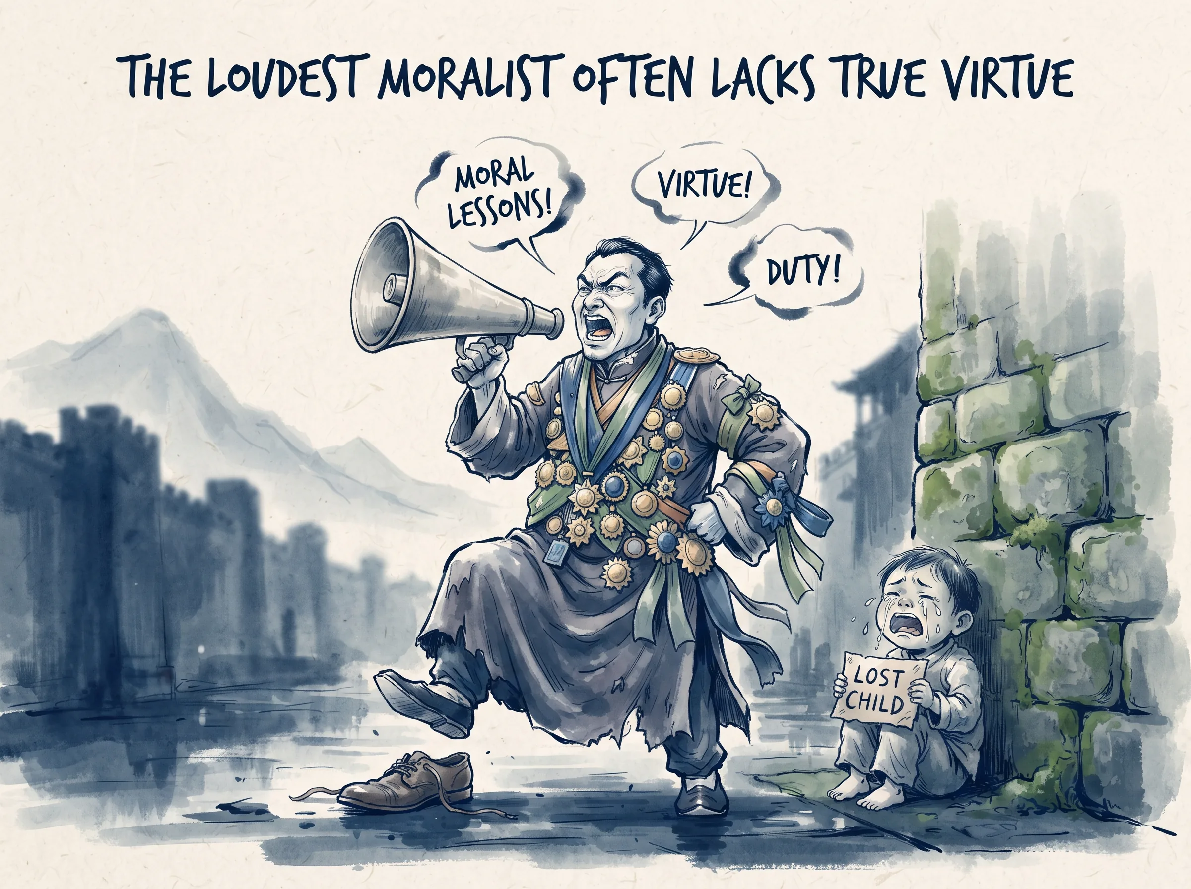 THE LOUDEST MORALIST OFTEN LACKS TRUE VIRTUE in contemporary literati Chinese ink cartoon style with Prussian blue ink wash, sage green accents, and Xuan paper negative space, illustrating 大张旗鼓的伪善表演：满口道德说辞的人胸前挂满闪亮勋章走街串巷求赞扬，却在暗巷中对跌倒的老人熟视无睹；真德不言，伪德喧哗, embodying 在 '## The Paradox We All Recognize' 核心论述段落后 on ChiDestiny