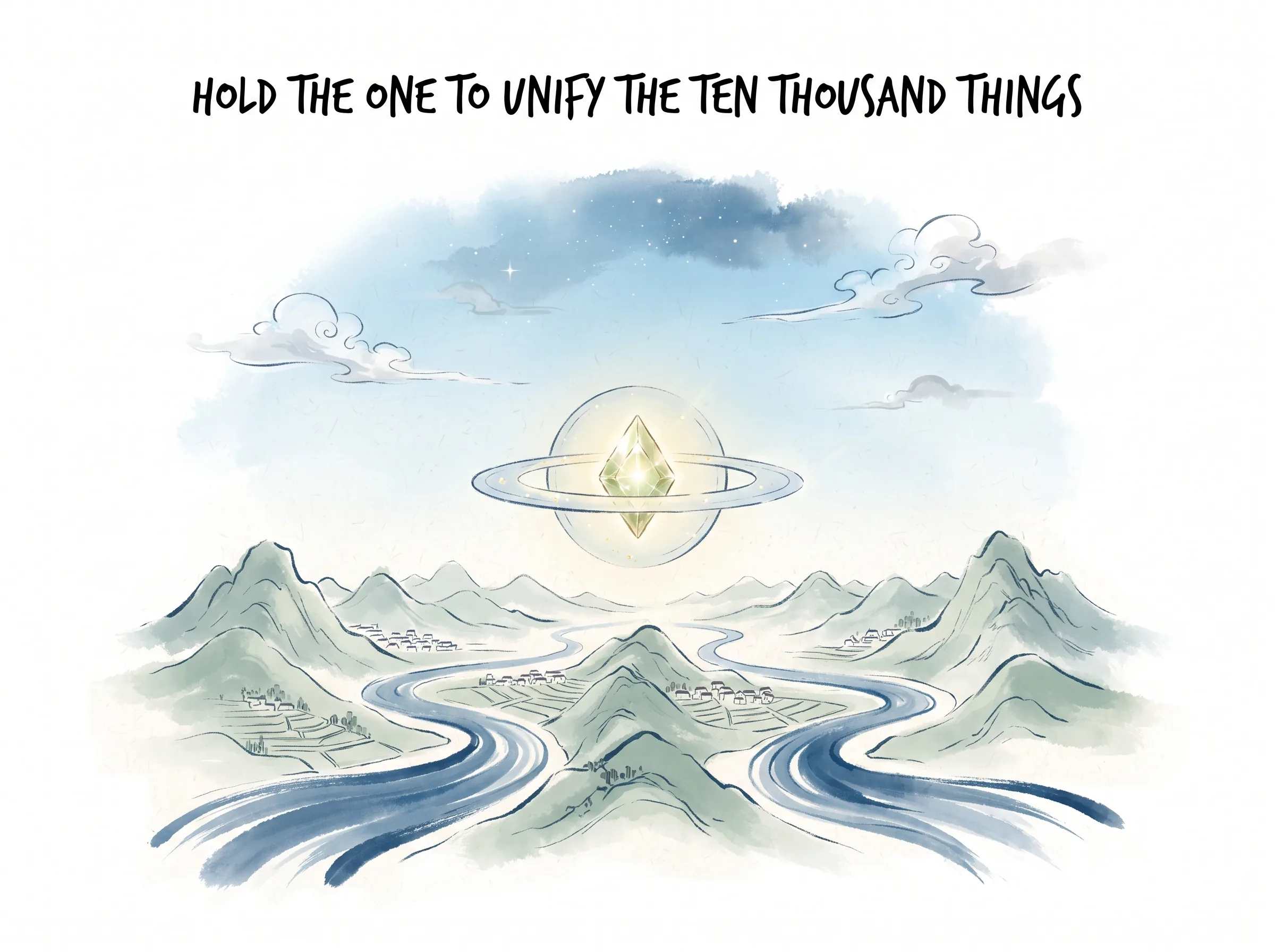 HOLD THE ONE TO UNIFY THE TEN THOUSAND THINGS in contemporary literati Chinese ink cartoon style with Prussian blue ink wash, sage green accents, and Xuan paper negative space, illustrating 昔之得一者万物生：天得一以清，地得一以宁，神得一以灵，谷得一以盈，侯得一以为天下正；找到那个统摄全盘的核心原点，整个系统自然井然有序, embodying 在 '## Gaining the One: What Holds Anything Together' 核心论述段落后 on ChiDestiny