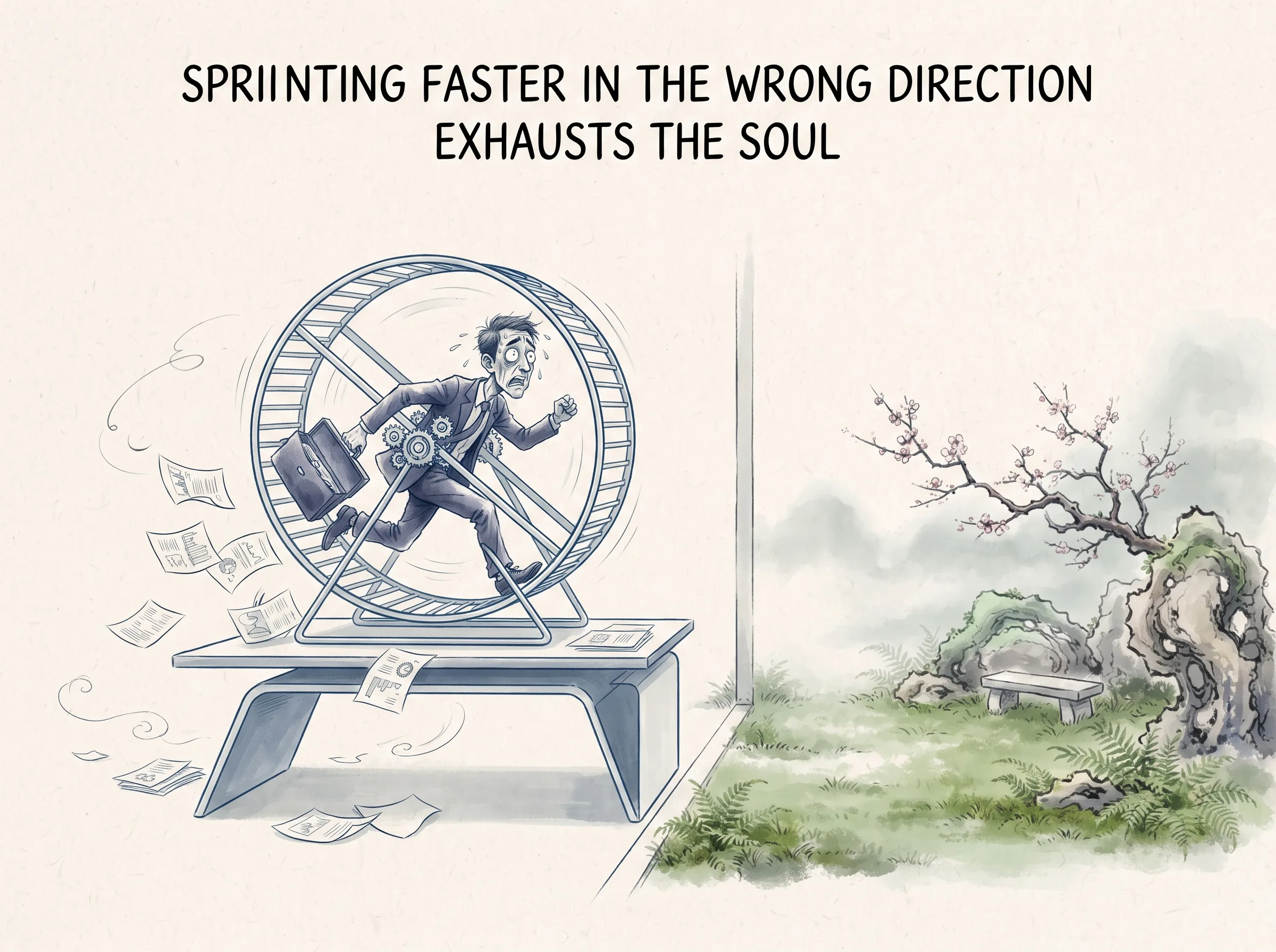 SPRINTING FASTER IN THE WRONG DIRECTION EXHAUSTS THE SOUL in contemporary literati Chinese ink cartoon style with Prussian blue ink wash, sage green accents, and Xuan paper negative space, illustrating 疯狂奔跑的仓鼠轮：现代人把跑步机速度调至最高，精疲力竭浑身大汗，却发现自己在原地打转，拼命前冲反而耗尽了所有燃料, embodying 在 '## The Modern Problem: Running Faster, Getting Nowhere' 核心论述段落后 on ChiDestiny