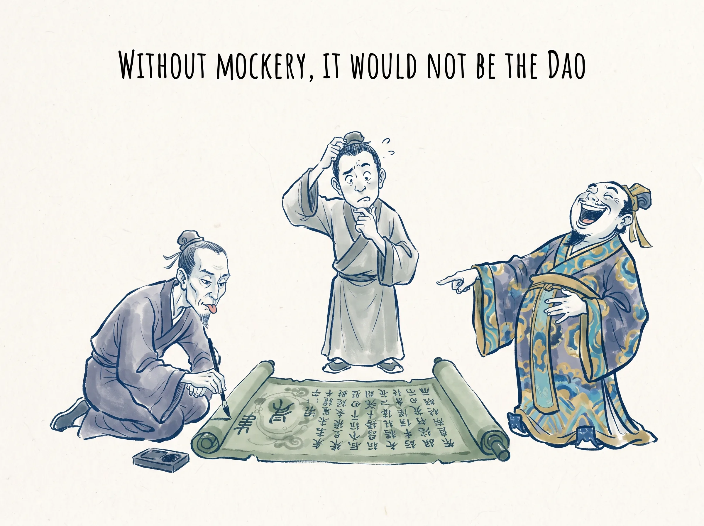 WITHOUT MOCKERY, IT WOULD NOT BE THE DAO in contemporary literati Chinese ink cartoon style with Prussian blue ink wash, sage green accents, and Xuan paper negative space, illustrating 三种听道者的百态：上士听道欣然勤行，中士听道若存若亡将信将疑，下士听道则抚掌大笑不屑一顾；不笑不足以为道！, embodying 在 '## The Three Kinds of Listeners' 核心论述段落后 on ChiDestiny