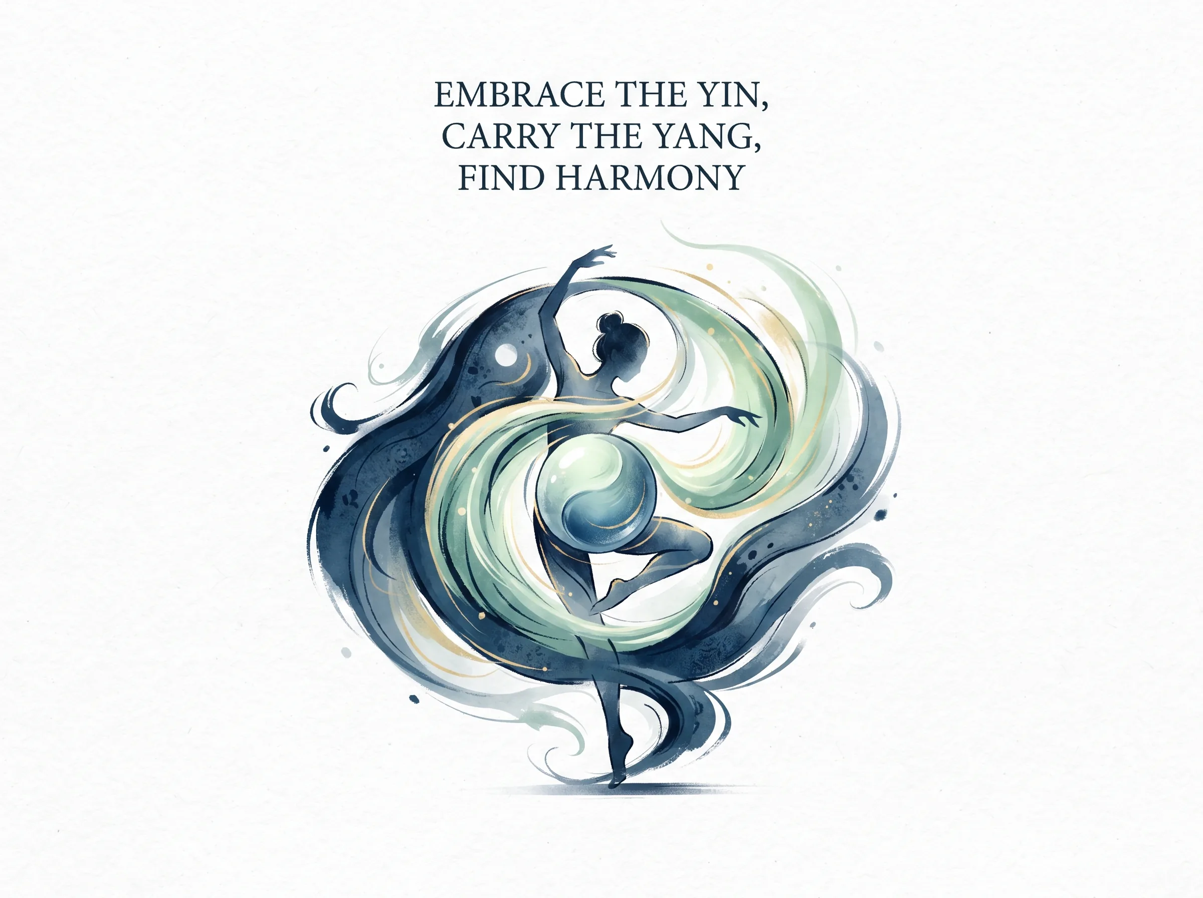 EMBRACE THE YIN, CARRY THE YANG, FIND HARMONY in contemporary literati Chinese ink cartoon style with Prussian blue ink wash, sage green accents, and Xuan paper negative space, illustrating 万物负阴而抱阳冲气以为和：宇宙万物皆背负阴柔而怀抱阳刚，在阴阳二气的交互激荡中达到动态的平衡与和谐，孤阳不长独阴不生, embodying 在 '## The Generating Chain: From Unity to Difference to Relationship' 核心论述段落后 on ChiDestiny