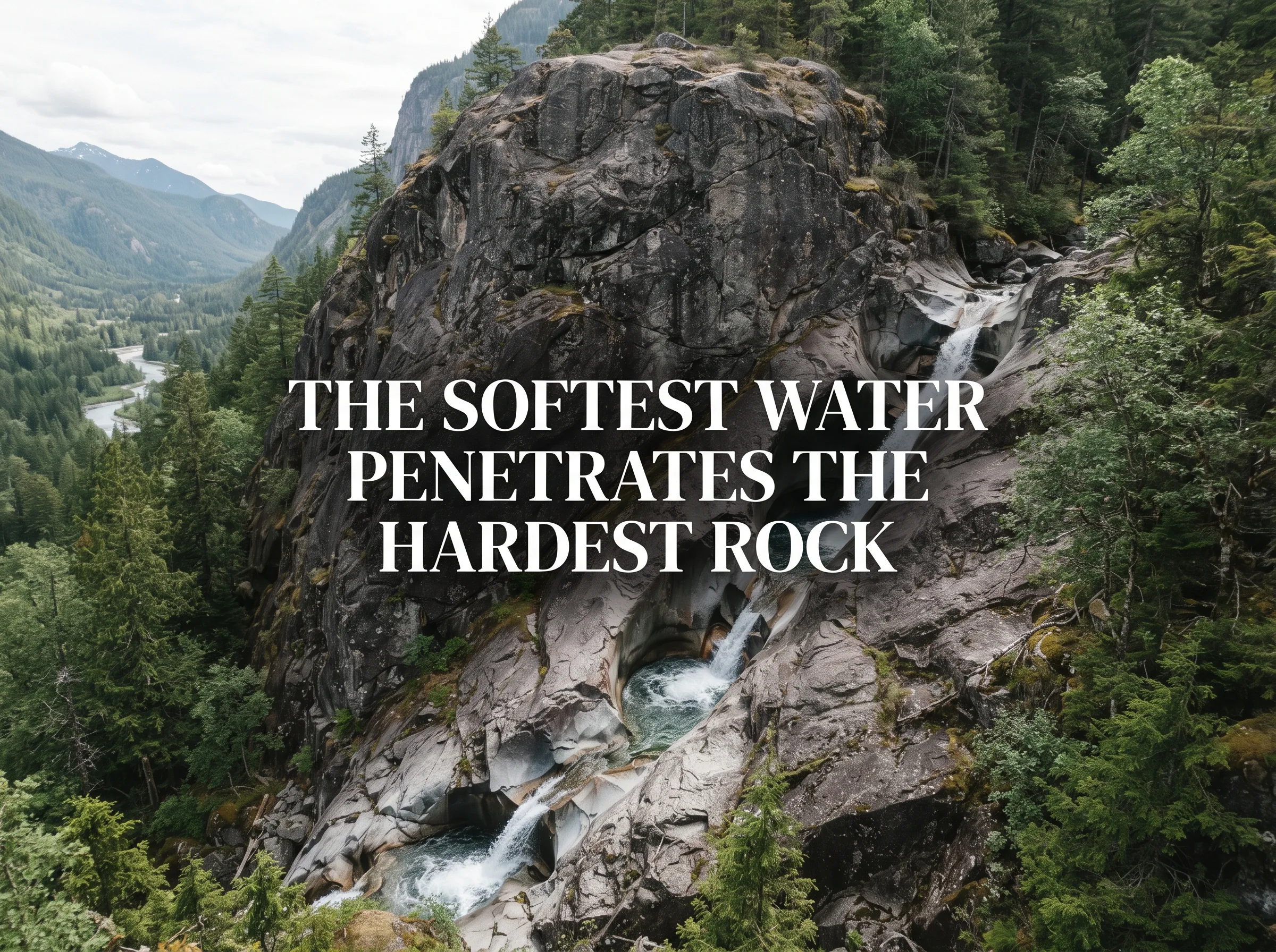 THE SOFTEST WATER PENETRATES THE HARDEST ROCK in contemporary literati Chinese ink cartoon style with Prussian blue ink wash, sage green accents, and Xuan paper negative space, illustrating 天下之至柔驰骋天下之至坚无有入无间：清澈柔顺的水流能够穿透最坚硬的精钢磐石，无形无相的空气能自由穿行于无缝之隙，至柔克至刚, embodying 在 '## The Radical Simplicity of Chapter 43' 核心论述段落后 on ChiDestiny