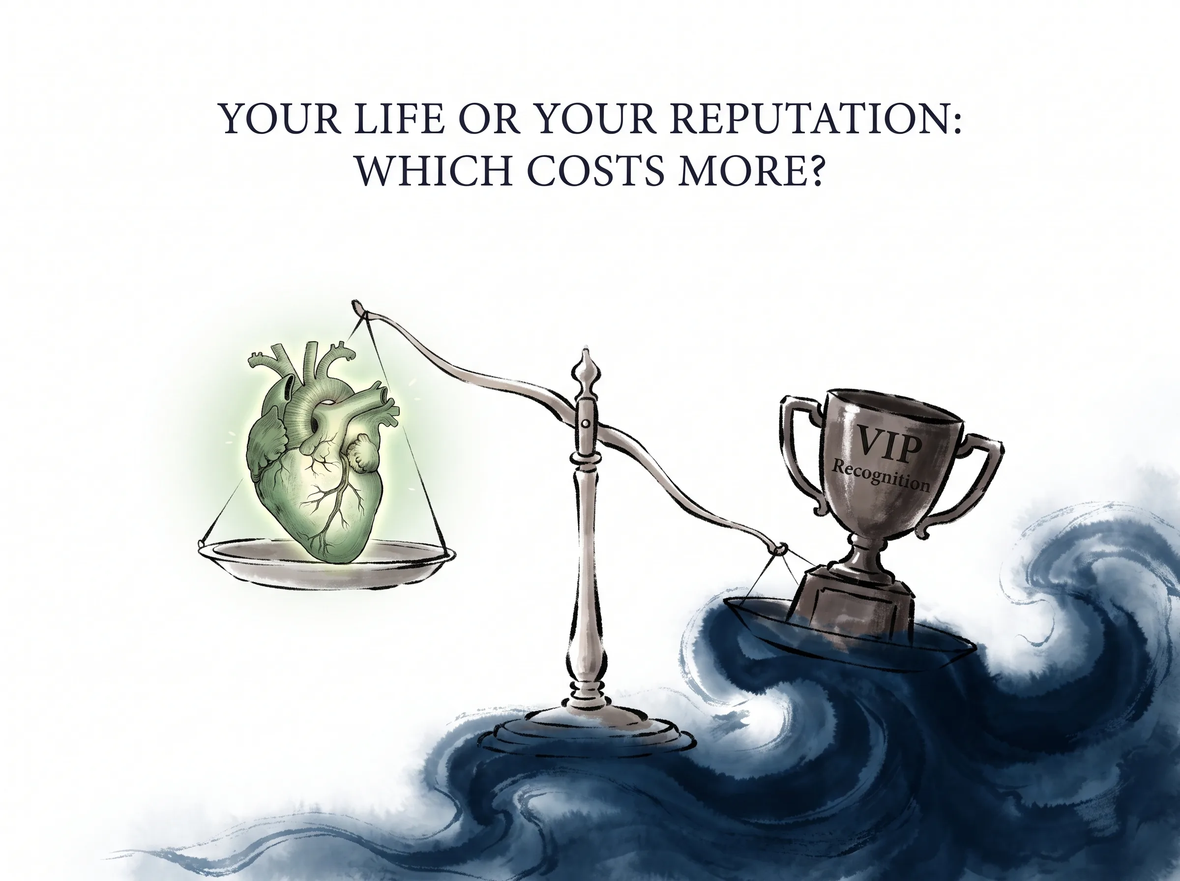 YOUR LIFE OR YOUR REPUTATION: WHICH COSTS MORE? in contemporary literati Chinese ink cartoon style with Prussian blue ink wash, sage green accents, and Xuan paper negative space, illustrating 名与身身与货得与亡的三重拷问：虚荣的名声与珍贵的身体相比哪一个更亲近？堆积的钱财与健康的生命相比哪一个更重要？为了赢取指标而搭上性命何其荒谬, embodying 在 '## The Three Questions That Uncover Hidden Trade-offs' 核心论述段落后 on ChiDestiny
