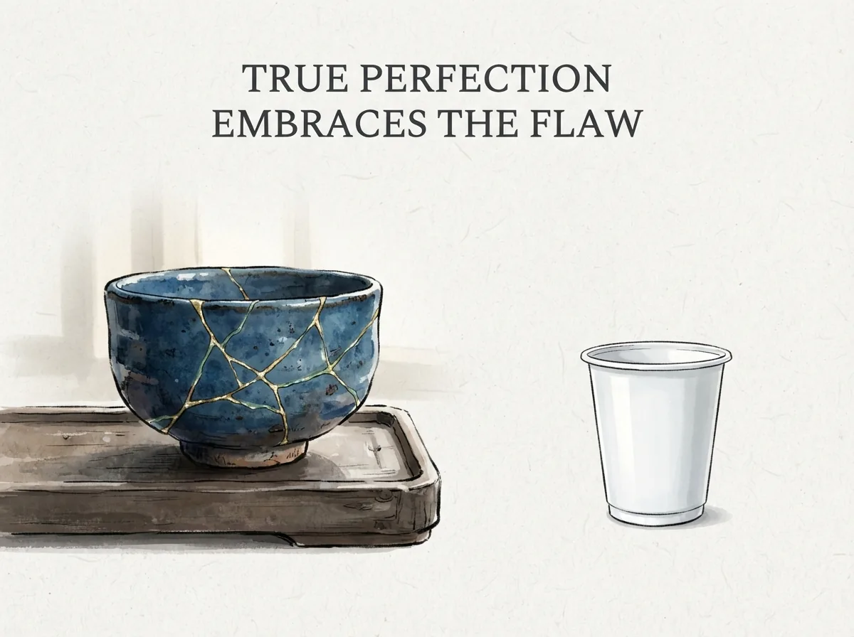 TRUE PERFECTION EMBRACES THE FLAW in contemporary literati Chinese ink cartoon style with Prussian blue ink wash, sage green accents, and Xuan paper negative space, illustrating 大成若缺大盈若冲大直若屈大巧若拙：最完美的成就看起来总有残缺不全的地方，最充盈的容器看起来总像空虚一样；过分追求光鲜无暇反易脆裂, embodying 在 '## Why We Obsess Over Surface Perfection' 核心论述段落后 on ChiDestiny