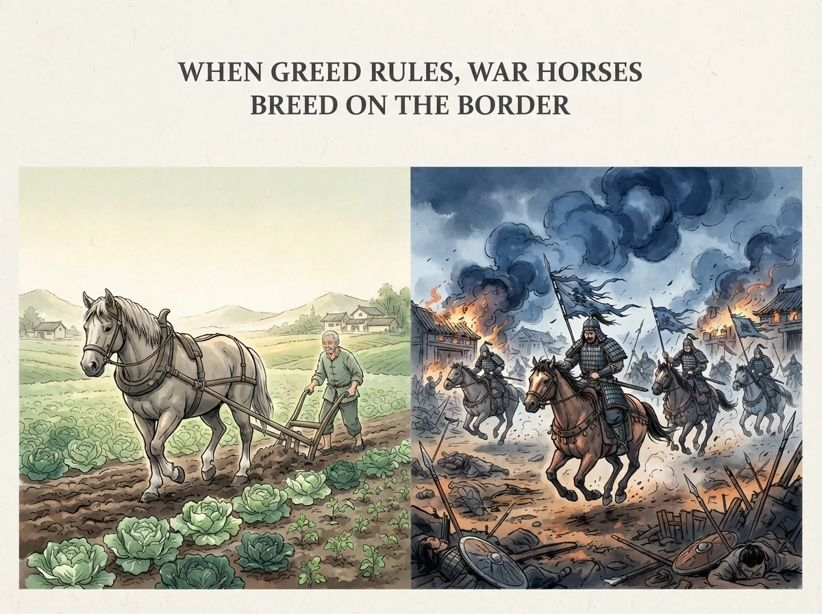 WHEN GREED RULES, WAR HORSES BREED ON THE BORDER in contemporary literati Chinese ink cartoon style with Prussian blue ink wash, sage green accents, and Xuan paper negative space, illustrating 走马以粪与戎马生郊的鲜明对比：天下有道时战马退役在田野里拉犁耕田施肥；天下无道时怀胎的母马也被拉上战场在荒郊产驹，人心贪欲酿成战祸, embodying 在 '## The Passage That Links Horses to Desire' 核心论述段落后 on ChiDestiny