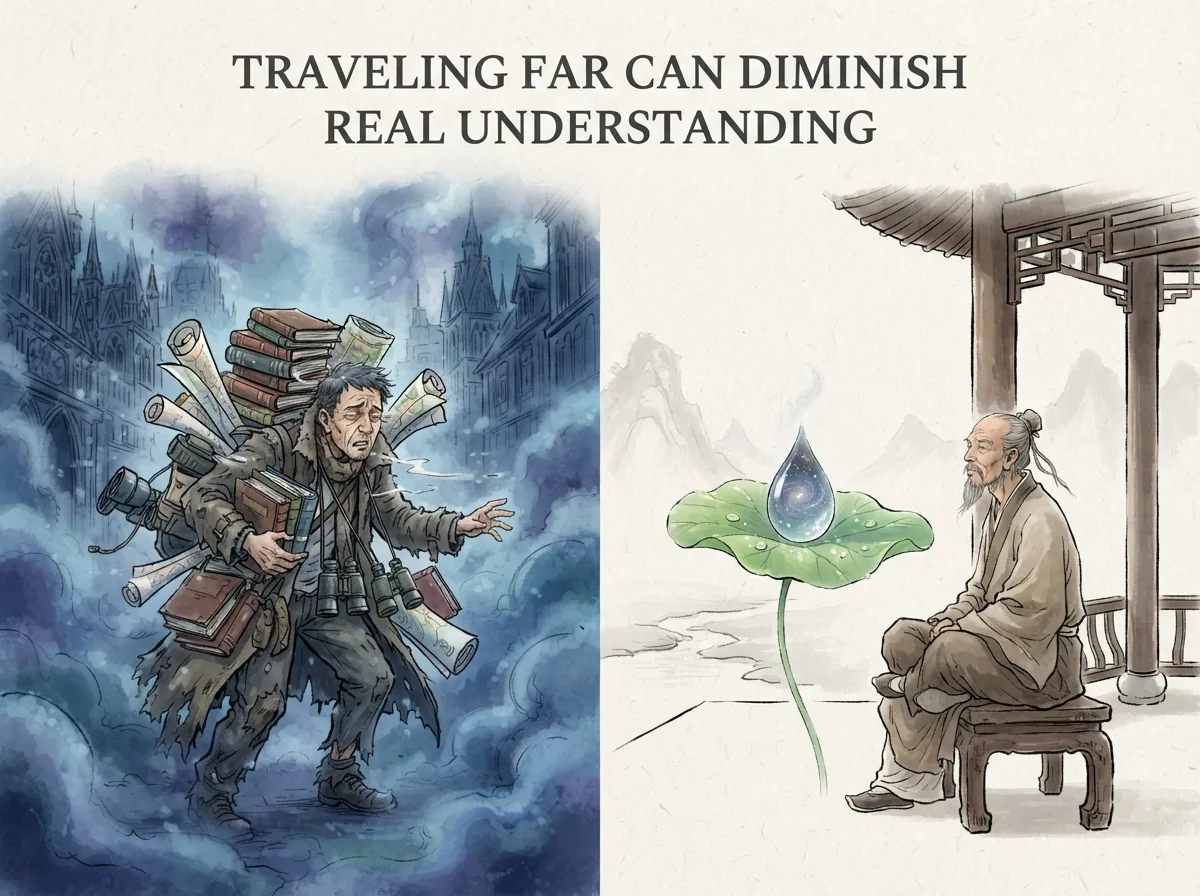 TRAVELING FAR CAN DIMINISH REAL UNDERSTANDING in contemporary literati Chinese ink cartoon style with Prussian blue ink wash, sage green accents, and Xuan paper negative space, illustrating 不出户知天下不窥牖见天道：圣人足不出户却明察天下常理，不推开窗户却洞晓日月运行之道；其出弥远其知弥少，盲目远行反而迷失核心, embodying 在 '## The Text and What It Actually Says' 核心论述段落后 on ChiDestiny