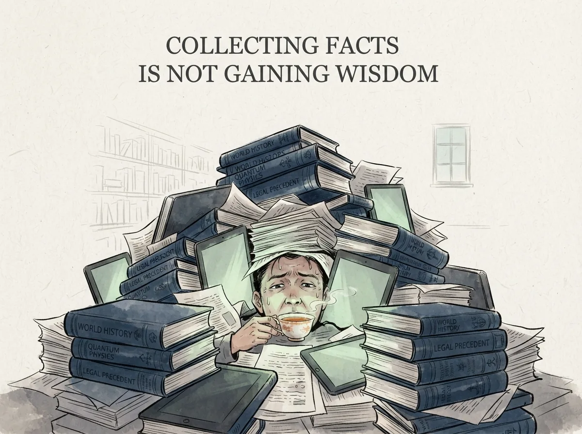 COLLECTING FACTS IS NOT GAINING WISDOM in contemporary literati Chinese ink cartoon style with Prussian blue ink wash, sage green accents, and Xuan paper negative space, illustrating 加法陷阱与信息臃肿：现代人每天疯狂订阅课程、下载电子书、添加插件，脑中堆满了未消化的知识垃圾，行动力反而彻底瘫痪, embodying 在 '## The Modern Trap of Always Adding' 核心论述段落后 on ChiDestiny