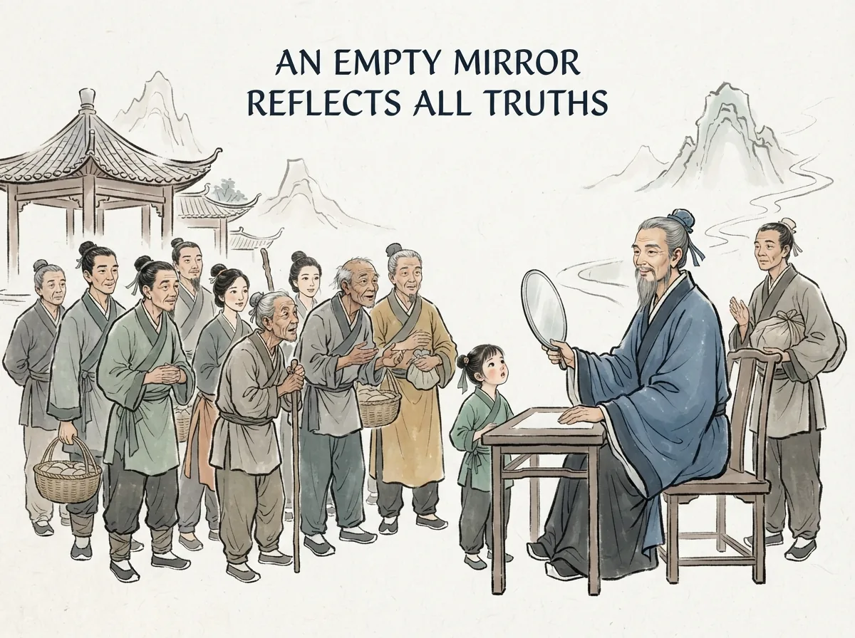 AN EMPTY MIRROR REFLECTS ALL TRUTHS in contemporary literati Chinese ink cartoon style with Prussian blue ink wash, sage green accents, and Xuan paper negative space, illustrating 圣人无常心以百姓心为心：明智的领袖没有固执封闭的成见，他的心灵像一面纤尘不染的镜子，如实映照人民的悲欢与期盼, embodying 在 '## What "No Fixed Mind" Actually Means' 核心论述段落后 on ChiDestiny