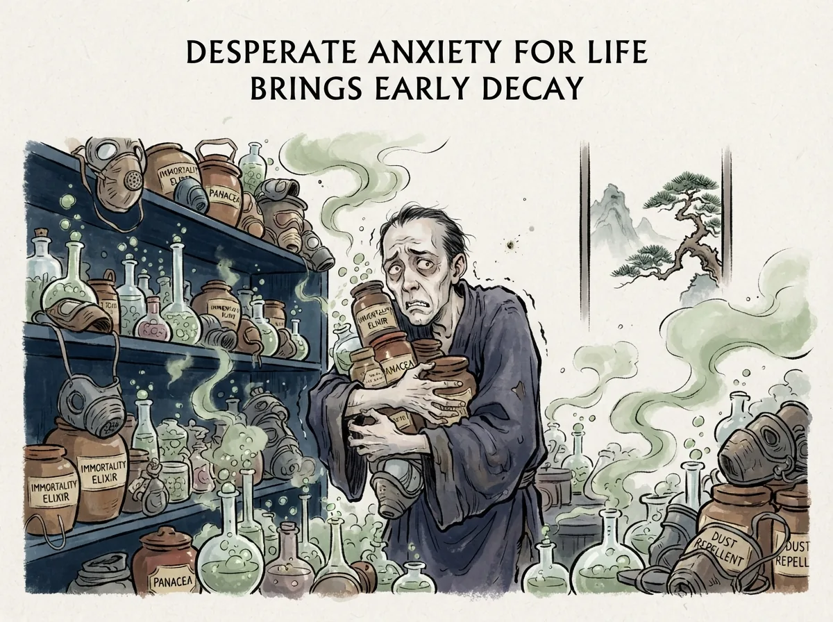 DESPERATE ANXIETY FOR LIFE BRINGS EARLY DECAY in contemporary literati Chinese ink cartoon style with Prussian blue ink wash, sage green accents, and Xuan paper negative space, illustrating 贪生过度反招早夭:过度追求保健养生的人每天吞服无数丹药、被恐惧绑架不敢动弹,焦虑的心魔反而加速摧毁了原本健康的生机, embodying 在 '## The Paradox We All Recognize' 核心论述段落后 on ChiDestiny