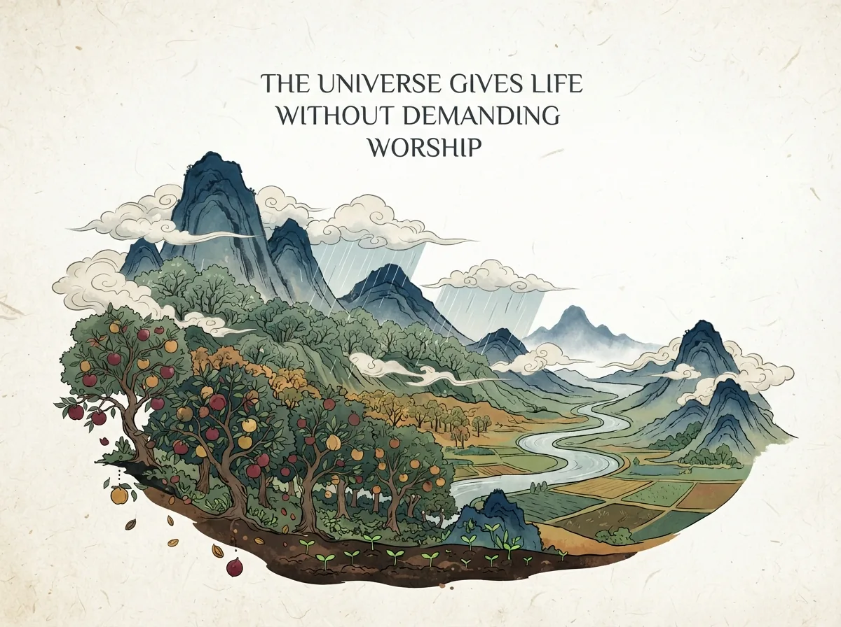 THE UNIVERSE GIVES LIFE WITHOUT DEMANDING WORSHIP in contemporary literati Chinese ink cartoon style with Prussian blue ink wash, sage green accents, and Xuan paper negative space, illustrating 道生之德畜之万物尊道而贵德：大道给予生命，大德畜养成长，物赋予形质，势造就环境；天道之所以受万物敬重，正在于它从不强加干涉, embodying 在 '## The Structure of Profound Nourishment' 核心论述段落后 on ChiDestiny