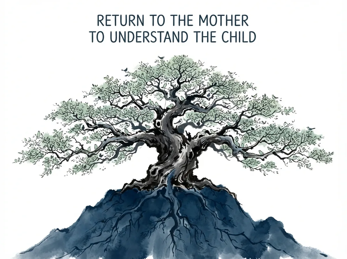 RETURN TO THE MOTHER TO UNDERSTAND THE CHILD in contemporary literati Chinese ink cartoon style with Prussian blue ink wash, sage green accents, and Xuan paper negative space, illustrating 既得其母以知其子既知其子复守其母：掌握了天地大道的母亲根源，便能看懂衍生出的万千子孙事物；看懂了枝叶还要回归母体，终身不殆, embodying 在 '## The Root Behind Everything' 核心论述段落后 on ChiDestiny