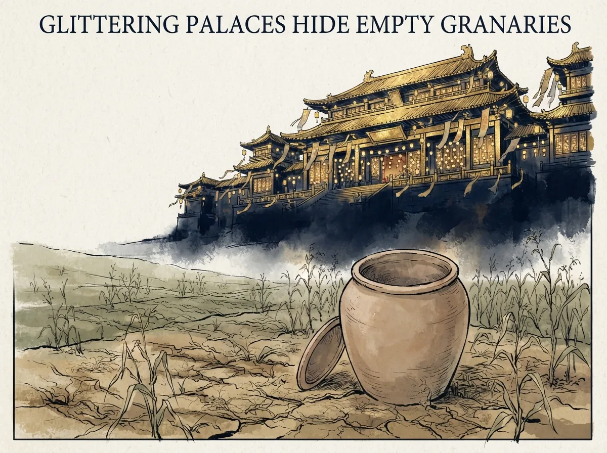 GLITTERING PALACES HIDE EMPTY GRANARIES in contemporary literati Chinese ink cartoon style with Prussian blue ink wash, sage green accents, and Xuan paper negative space, illustrating 朝甚除田甚芜仓甚虚的残酷反差：王公贵族的宫殿被打扫得金碧辉煌歌舞升平，而田野里荒草丛生农夫挨饿，粮仓空空如也，虚假的繁华是崩溃的前兆, embodying 在 '## The Two Pictures Laozi Sets Side by Side' 核心论述段落后 on ChiDestiny