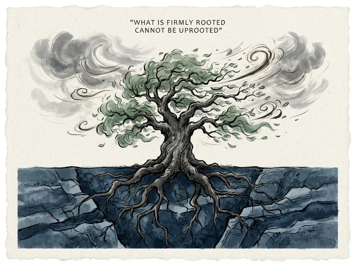 WHAT IS FIRMLY ROOTED CANNOT BE UPROOTED in contemporary literati Chinese ink cartoon style with Prussian blue ink wash, sage green accents, and Xuan paper negative space, illustrating 善抱者不脱善培者不拔子孙以祭祀不辍：真正深植于大地的根基任凭风吹雨打绝不会动摇，真正融入生命本能的习惯无需勉强克制，自然代代相传, embodying 在 '## The Difference Between Holding On and Building Something Real' 核心论述段落后 on ChiDestiny