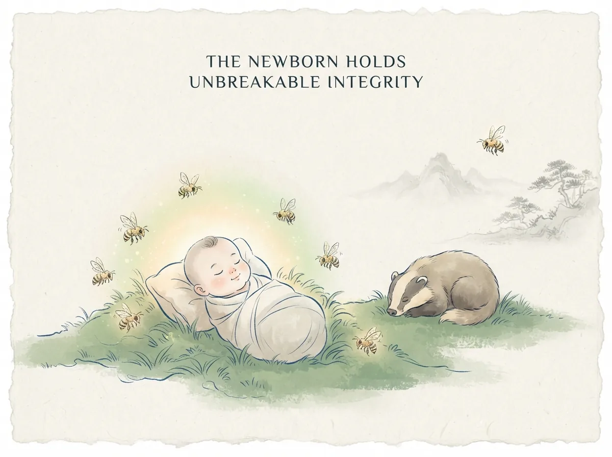 THE NEWBORN HOLDS UNBREAKABLE INTEGRITY in contemporary literati Chinese ink cartoon style with Prussian blue ink wash, sage green accents, and Xuan paper negative space, illustrating 含德之厚比于赤子毒虫不螫猛兽不据攫鸟不搏：道德丰厚的人宛如初生赤子，筋骨柔软而握拳牢固，整日哭啼而声音不哑，充盈着最淳朴的元气, embodying 在 '## The Newborn: Not Naivety, But Wholeness' 核心论述段落后 on ChiDestiny