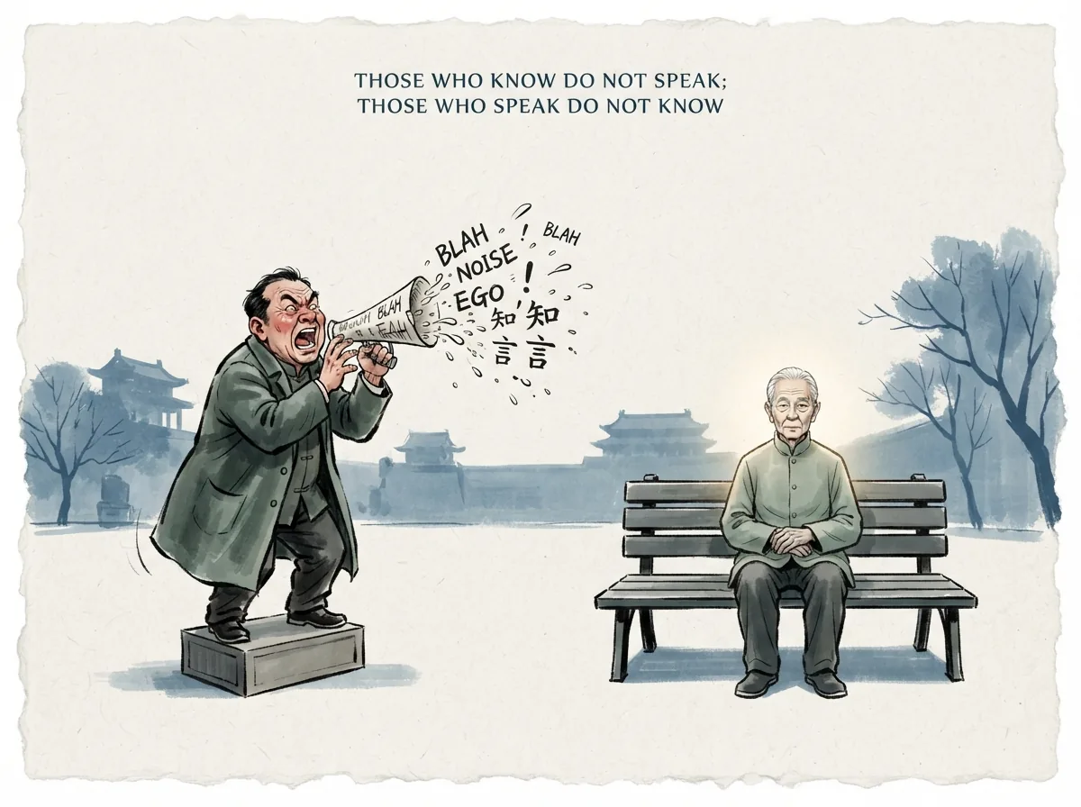 THOSE WHO KNOW DO NOT SPEAK; THOSE WHO SPEAK DO NOT KNOW in contemporary literati Chinese ink cartoon style with Prussian blue ink wash, sage green accents, and Xuan paper negative space, illustrating 知者不言言者不知：真正洞悉生命真相的觉者不屑于到处与人争辩喧哗，而到处高声辩论自命不凡的人往往腹中空空，喋喋不休不过是内心的虚弱, embodying 在 '## The Exhaustion of Perpetual Self-Proof' 核心论述段落后 on ChiDestiny