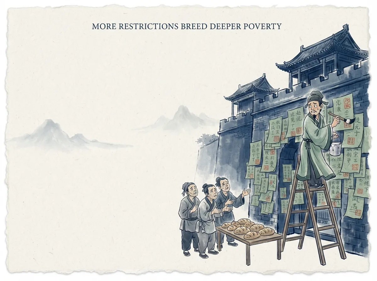 MORE RESTRICTIONS BREED DEEPER POVERTY in contemporary literati Chinese ink cartoon style with Prussian blue ink wash, sage green accents, and Xuan paper negative space, illustrating 天下多忌讳而民弥贫民多利器国家滋昏：法令禁令越多百姓反而越贫困，奇技淫巧武器越多国家反而越混乱，越想控制越失控的死循环, embodying 在 '## The Feedback Loop That Traps Us' 核心论述段落后 on ChiDestiny