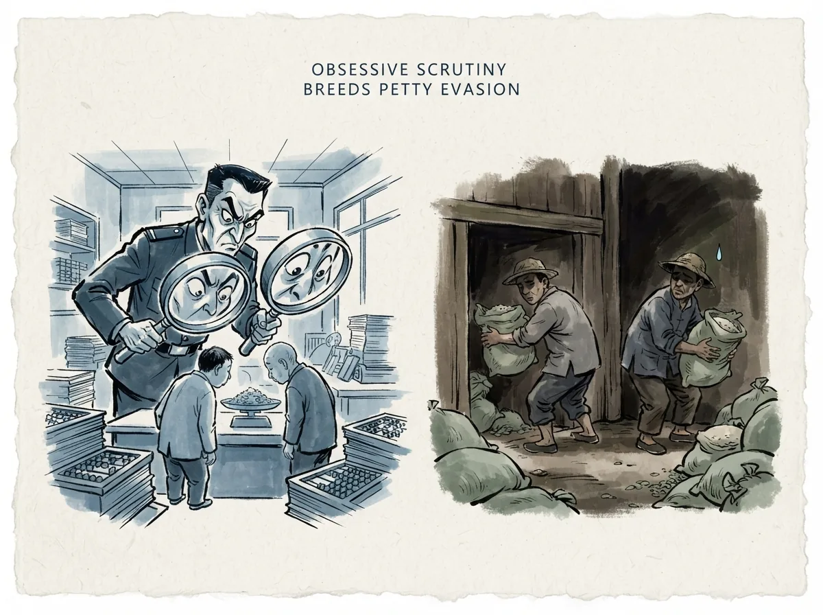 OBSESSIVE SCRUTINY BREEDS PETTY EVASION in contemporary literati Chinese ink cartoon style with Prussian blue ink wash, sage green accents, and Xuan paper negative space, illustrating 其政闷闷其民淳淳其政察察其民缺缺：政策宽厚无为民风自然淳厚朴素，政令苛刻精细民心反而奸诈匮乏；指标一旦变成目的本身，灾难便降临, embodying 在 '## When Measurement Becomes the Thing Itself' 核心论述段落后 on ChiDestiny