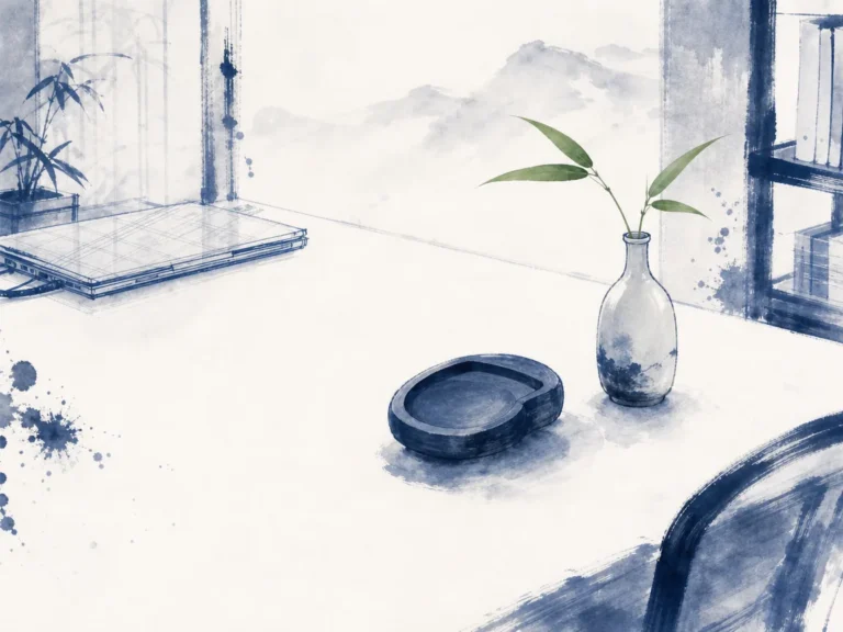 Open courtyard veranda overlooking mossy garden stones and a trickling bamboo water spout in harmonious architectural wash blending indoor wooden verandas with living courtyard greenery, illustrating cultivating a calm intentional life through Chinese spatial balance and seasonal simplicity on ChiDestiny
