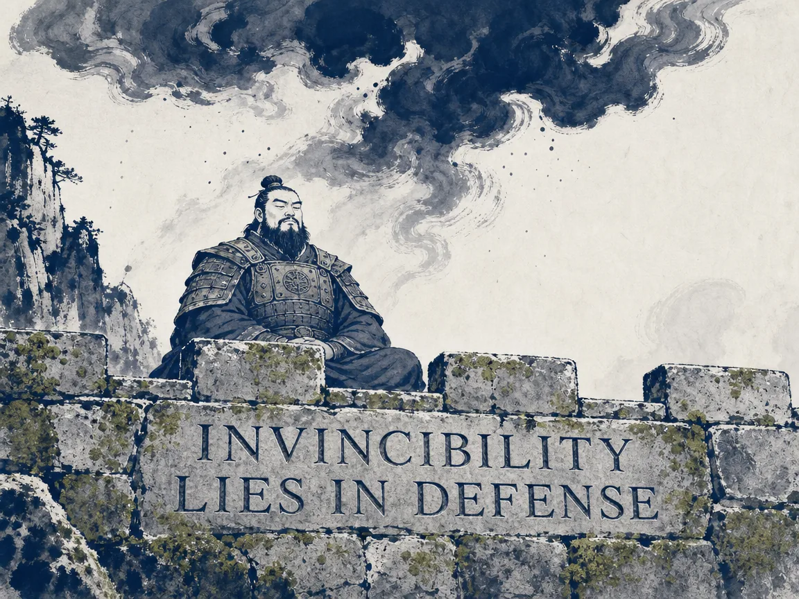 a sturdy peaceful commander meditating like an immovable mountain boulder behind an unbreachable stone rampart, turbulent storm clouds raging harmlessly overhead, waiting serenely for the foe to overextend in contemporary literati Chinese ink cartoon style with Prussian blue ink wash, sage green accents, and Xuan paper negative space, illustrating invincibility lies in defense, embodying 稳健的将领化作磐石与高筑的厚重堡垒融为一体，风狂雨骤泰然闭目养神，专待敌方自乱阵脚 on ChiDestiny