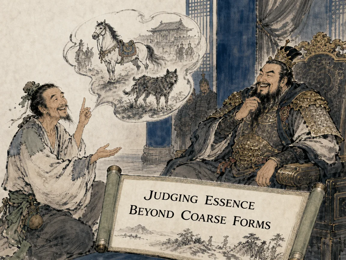 a carefree mountain recluse in patched linen clothes smiling warmly at a grim armored monarch on a grand throne, sharing earthy witty parables of fine horses and wild dogs that melt the ruler's furrowed brow into laughter, deep Prussian blue palace pillars in contemporary literati Chinese ink cartoon style with Prussian blue ink wash, sage green accents, and Xuan paper negative space, illustrating judging essence beyond coarse forms, embodying 隐者徐无鬼布衣草履拜会魏武侯，谈相狗相马相人相天下，武侯大悦破颜开怀，高士自有一种化解君王郁结之妙 on ChiDestiny