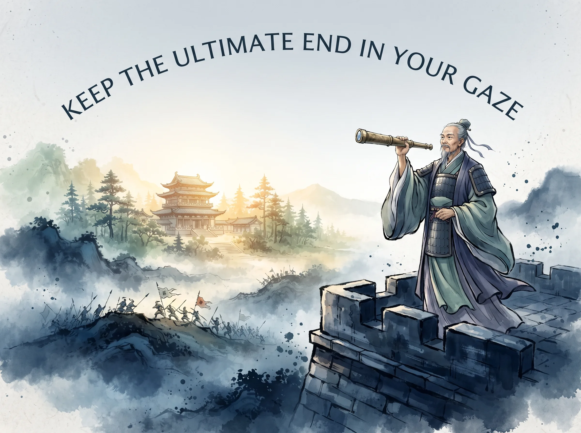 a philosopher-statesman standing at an ancient hilltop beacon tower, telescope in hand, looking past local skirmishes toward a distant tranquil temple bathed in morning sunlight in contemporary literati Chinese ink cartoon style with Prussian blue ink wash, sage green accents, and Xuan paper negative space, illustrating keep the ultimate end in your gaze, embodying 克劳塞维茨与孙子交相辉映：战争是政治的延续，始终用'终极目标是什么'来审视当前的每一次行动，不忘初心方得始终 on ChiDestiny