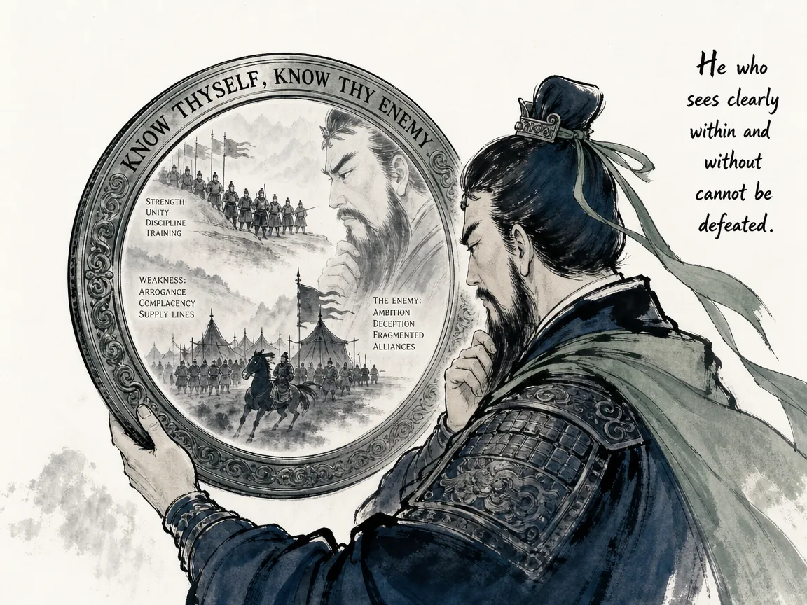 a wise general examining a grand reflective bronze mirror that shows both his own troops' strengths and weaknesses alongside the enemy's hidden dispositions, total lucidity and composure, deep Prussian blue tones in contemporary literati Chinese ink cartoon style with Prussian blue ink wash, sage green accents, and Xuan paper negative space, illustrating know thyself, know thy enemy, embodying 镜前双生镜像推演，统帅一手持兵书照镜剖析己方长短，一手持千里镜洞察敌阵虚实，胸中胜券在握 on ChiDestiny