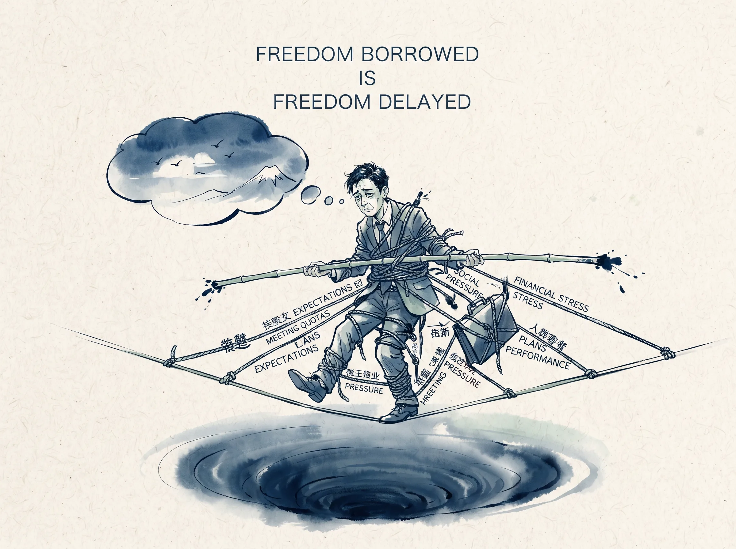 FREEDOM BORROWED IS FREEDOM DELAYED in contemporary literati Chinese ink cartoon style with Prussian blue ink wash, sage green accents, and Xuan paper negative space, illustrating 有待之困：疲惫的都市人在悬空的独木桥上艰难平衡，身上系满了象征房贷、kpi与赞同票的沉重丝线，误以为踩稳下一根钢丝便是自由, embodying 在 '## The Trap of Conditional Freedom' 核心论述段落后 on ChiDestiny
