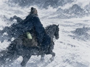 Weathered seasoned rider in a winter cloak traveling steadily along a snowswept frontier trail with a rolled poem scroll in saddlebag in rugged atmospheric ink wash depicting frontier blizzards and resilient traveler courage, illustrating Gao Shi's late-blooming journey, proving that deep roots mature according to their own timing on ChiDestiny