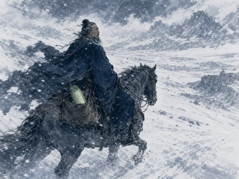 Weathered seasoned rider in a winter cloak traveling steadily along a snowswept frontier trail with a rolled poem scroll in saddlebag in rugged atmospheric ink wash depicting frontier blizzards and resilient traveler courage, illustrating Gao Shi's late-blooming journey, proving that deep roots mature according to their own timing on ChiDestiny