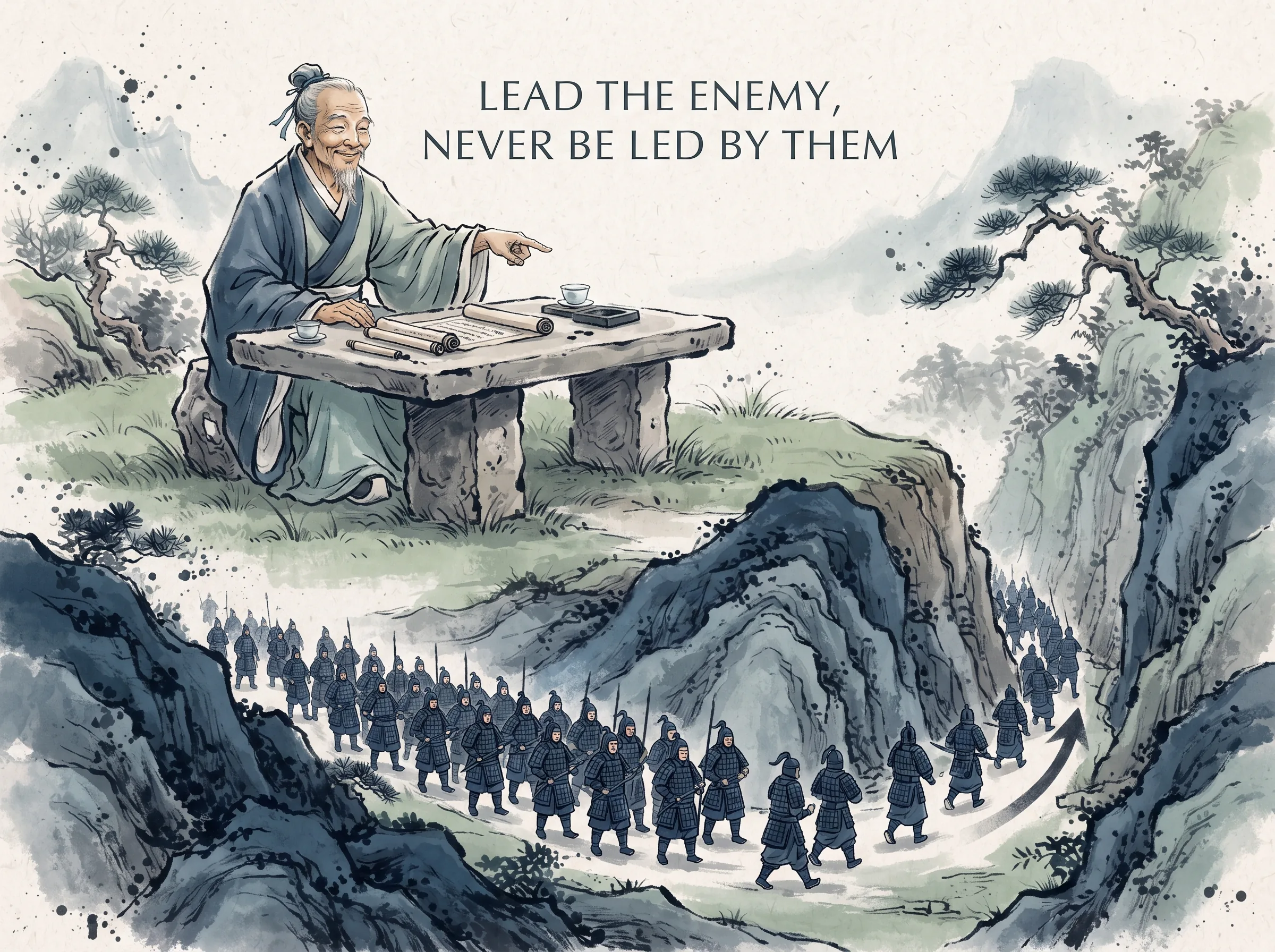 an ancient grandmaster seated comfortably at an outdoor stone table pointing a light finger toward a crossroads path, smiling as an arrogant opposing scout army unconsciously marches right into the designed mountain gorge, deep Prussian blue canyon shadows and army armor in contemporary literati Chinese ink cartoon style with Prussian blue ink wash, sage green accents, and Xuan paper negative space, illustrating lead the enemy, never be led by them, embodying 孙子'善战者，致人而不致于人'：棋艺大师只落一子，便引导对手不得不按照自己设计好的路线移动，掌控博弈主导权 on ChiDestiny