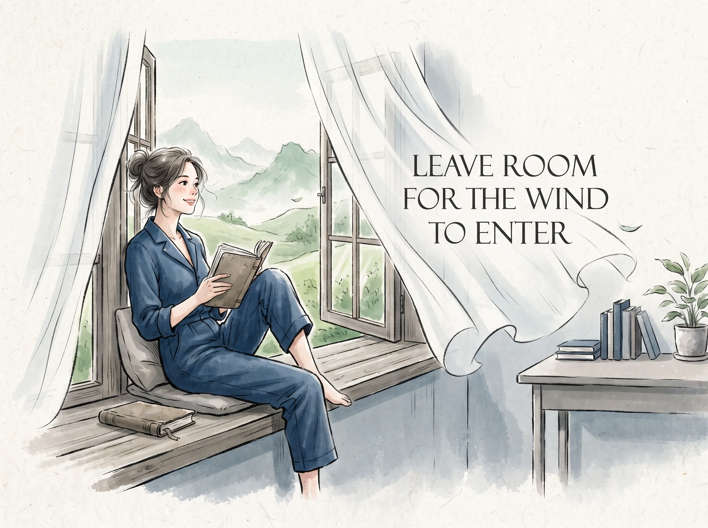 a modern professional closing an overbooked planner and sitting back with a relaxed smile on a windowsill as fresh mountain breeze flutters the white linen curtains, deep Prussian blue clothing and desk, crisp sage green hills rolling outside in contemporary literati Chinese ink wash in deep Prussian blue and sage green with ample Xuan paper negative space, illustrating leave room for the wind to enter, embodying 现代生活中的减法实践：清空繁杂的日程表，为心灵留出不被任何待办事项填满的黄金空白，在放空时生命得以深呼吸 on ChiDestiny