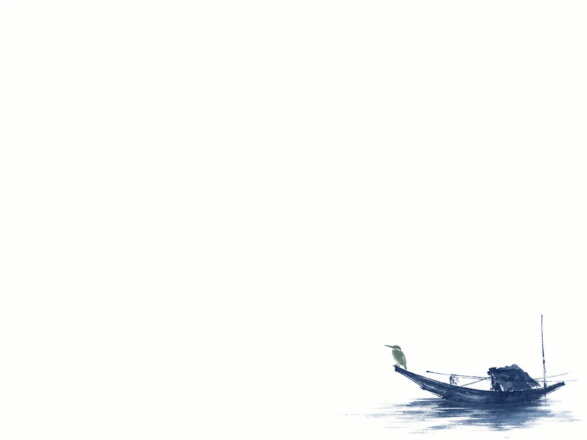 Minimalist ink wash scroll showing a lone tiny fishing boat floating amid vast unpainted silk void in dramatic minimalist Chinese brush painting dominated by eloquent white expanse and spatial restraint, illustrating the supreme aesthetic power of unpainted void providing breathing room for the modern contemplative mind on ChiDestiny