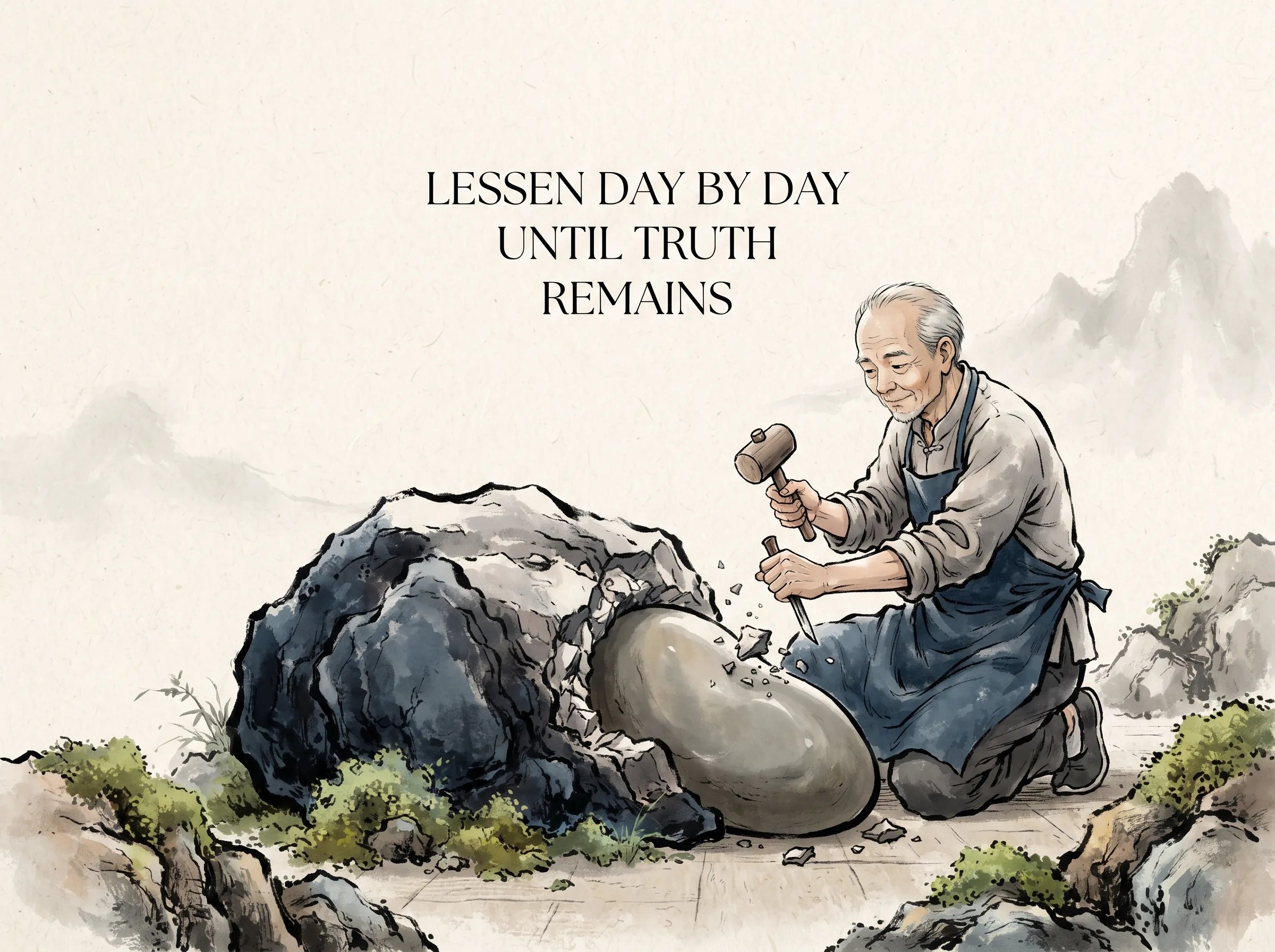 a humble sculptor gently tapping away excess rock flakes from a raw boulder with a wooden mallet, revealing the sleek organic curve of an unadorned resting stone beneath, deep Prussian blue stone textures and craftsman apron in contemporary literati Chinese ink wash in deep Prussian blue and sage green with ample Xuan paper negative space, illustrating lessen day by day until truth remains, embodying 老子'为学日益，为道日损'：雕刻家一刀刀剔除多余粗糙的石料，不刻意塑造形象，只是释放璞石内部原本就蕴藏的自然之美 on ChiDestiny