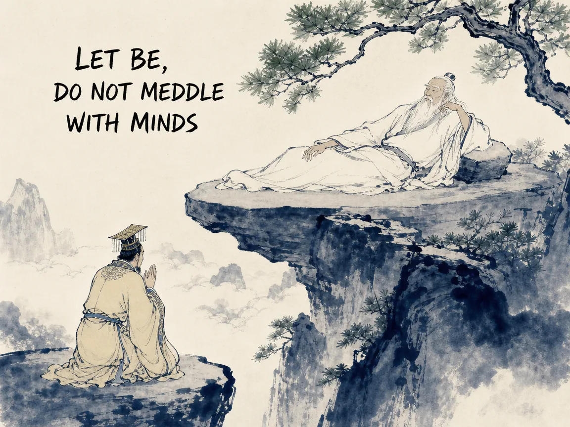 the Yellow Emperor kneeling humbly with folded hands before a serene ancient sage Guangchengzi lying effortlessly on a smooth stone bed atop a mist-veiled peak, warning against restless interference in nature and human minds, deep Prussian blue rocky washes in contemporary literati Chinese ink cartoon style with Prussian blue ink wash, sage green accents, and Xuan paper negative space, illustrating let be, do not meddle with minds, embodying 黄帝登空同山向广成子问道，广成子高卧石床，点化'治天下不如存其本'，任万物自然生息而不加外力干预 on ChiDestiny