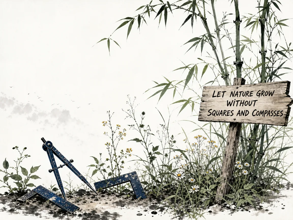 harsh iron compasses and carpenter's squares lying discarded on the soil, while wild unclipped bamboo and flowering weeds flourish with organic asymmetrical vitality into the open sky, Prussian blue geometric tool silhouettes in contemporary literati Chinese ink cartoon style with Prussian blue ink wash, sage green accents, and Xuan paper negative space, illustrating let nature grow without squares and compasses, embodying 圆规与矩尺强行束缚着原本自由生长的竹木，野花野草在木栅外天然自成其态，控诉繁文缛节对天性的戕害 on ChiDestiny
