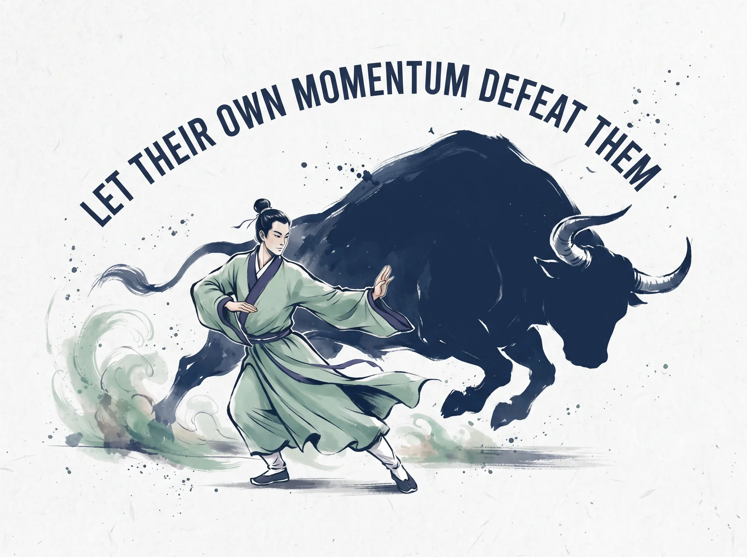 martial arts philosophy rendered in fluid brush strokes, an agile lightweight martial artist stepping gracefully aside to guide a charging giant bull's horns harmlessly past into empty space, deep Prussian blue charging beast silhouette in contemporary literati Chinese ink cartoon style with Prussian blue ink wash, sage green accents, and Xuan paper negative space, illustrating let their own momentum defeat them, embodying 因敌借力顺势转化：四两拨千斤，借助强敌自身猛扑过来的庞大冲力顺势一引，让其因过度发力而自行失去平衡摔入深渊 on ChiDestiny