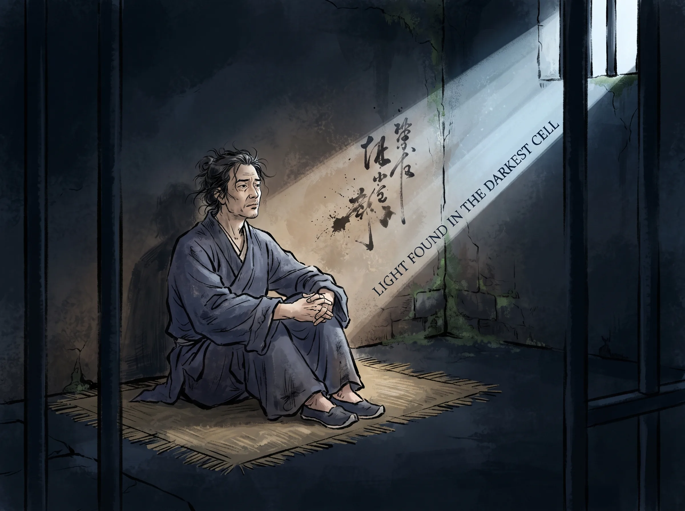 a disgraced poet seated calmly on a simple straw mat in a dim prison cell, a narrow ray of moonlight illuminating ink splashes on a rough earthen wall as he contemplates destiny, deep Prussian blue cell shadows and iron bars in contemporary literati Chinese ink wash in deep Prussian blue and sage green with ample Xuan paper negative space, illustrating light found in the darkest cell, embodying 乌台诗案牢狱冰冷彻骨,高位跌落泥潭,囚室斑驳微光中,苏轼在纸片上默写反思,肉体受难而灵魂初醒 on ChiDestiny