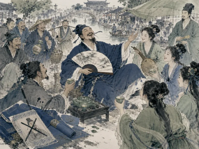 Wandering songwriter holding an open fan sharing laughter and tea with market townsfolk beside discarded royal edicts in lively warm literati wash celebrating bustling riverfront markets, songstresses, and discarded edicts, illustrating Liu Yong's popular triumph, proving that popular love in the streets outweighs imperial rejection on ChiDestiny