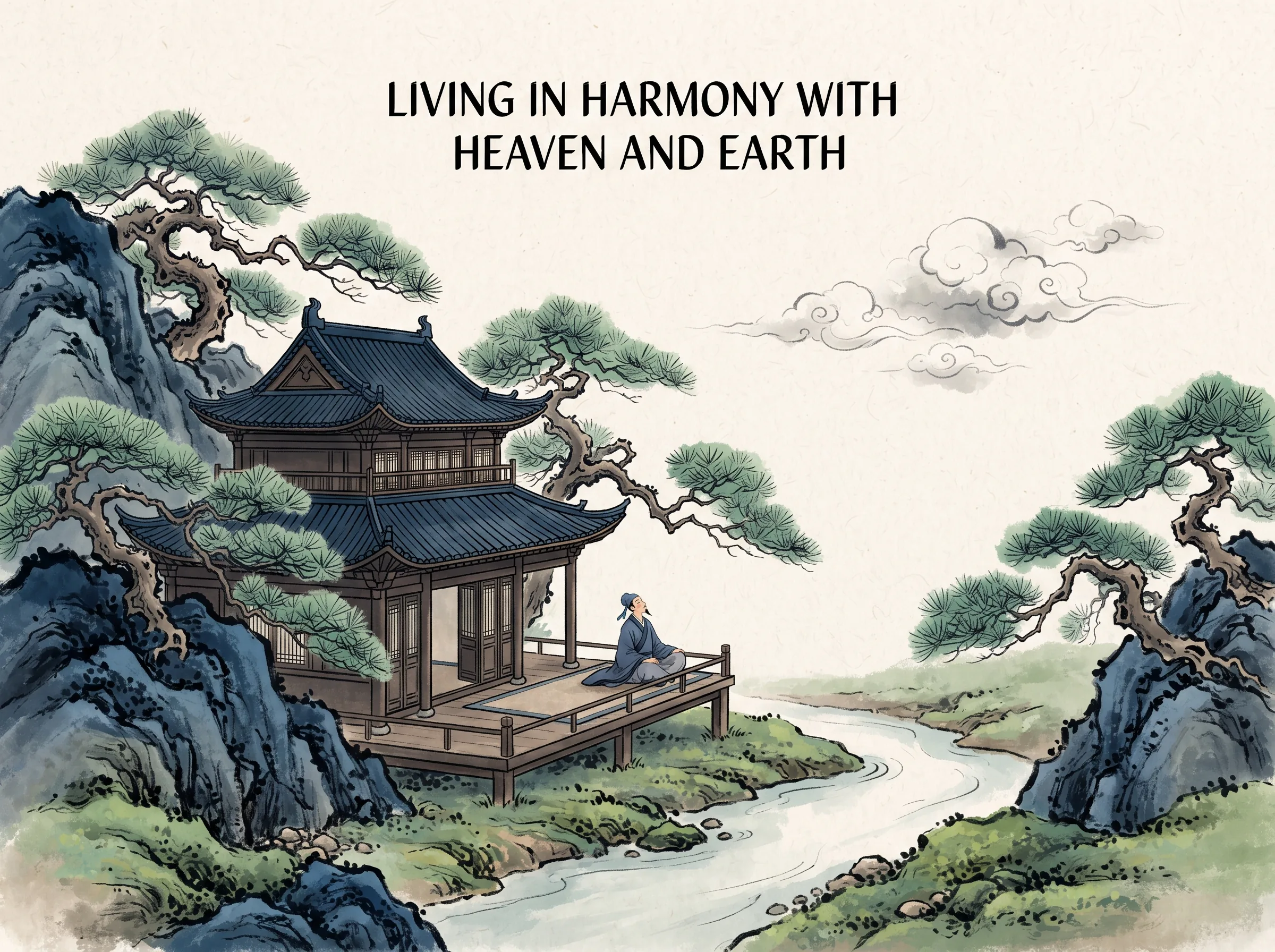 a traditional timber pavilion built naturally into the curve of a mountain hillside without disturbing the surrounding old gnarled pine trees, river winding softly past the door, a scholar resting on the deck watching clouds in contemporary literati Chinese ink wash in deep Prussian blue and sage green with ample Xuan paper negative space, illustrating living in harmony with heaven and earth, embodying 人依偎于天地怀抱之中：文人草堂依山傍水顺势而建，不斩一树，不改水流，檐角飞展与远山峰峦融为一体，天人合一 on ChiDestiny