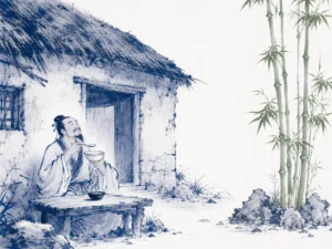 Smiling poet eating a simple rustic meal outside a modest mud hut while tall green bamboo stalks stand upright in rocky ground in crisp dignified literati wash celebrating coarse earthenware meals beside elegant upright bamboo, illustrating Su Shi's maxim of preferring coarse food over life without bamboo, guarding inner nobility on ChiDestiny