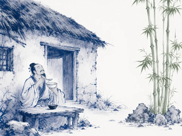Smiling poet eating a simple rustic meal outside a modest mud hut while tall green bamboo stalks stand upright in rocky ground in crisp dignified literati wash celebrating coarse earthenware meals beside elegant upright bamboo, illustrating Su Shi's maxim of preferring coarse food over life without bamboo, guarding inner nobility on ChiDestiny